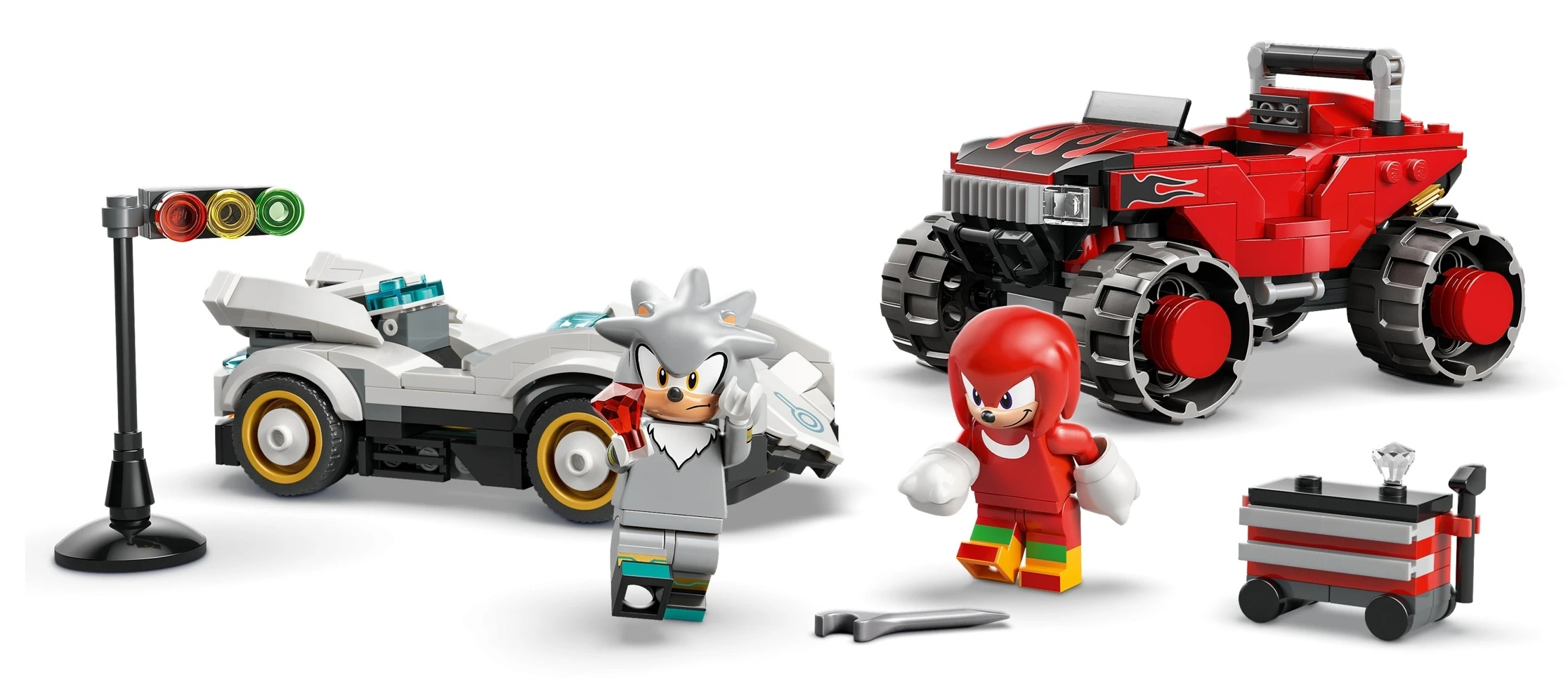 Figurki LEGO Silver the Hedgehog i Knuckles z samochodami i skrzynką narzędziową.
