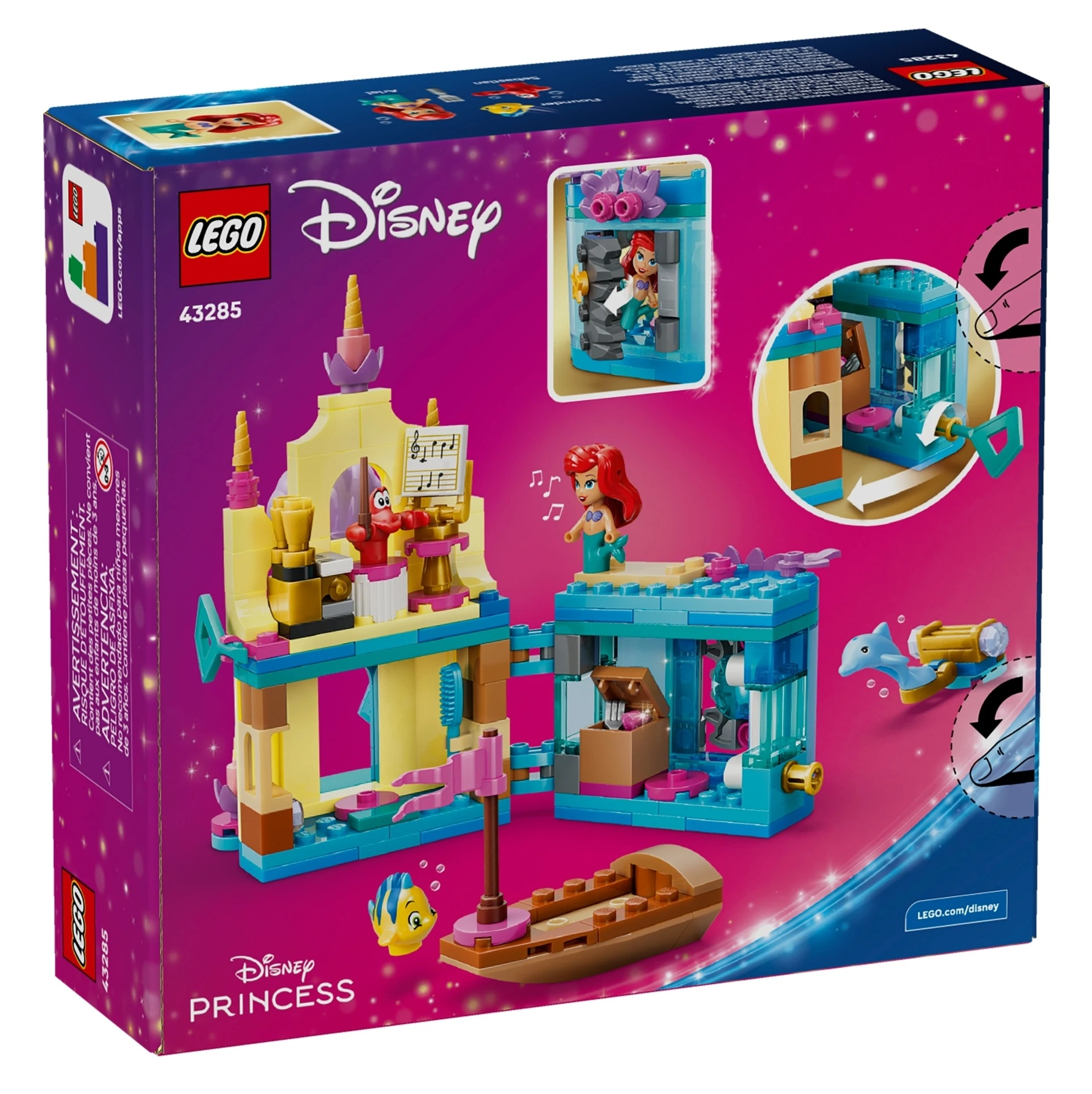 Zestaw LEGO Disney Princess z Ariel, zamkiem i łodzią. Kolory: żółty, niebieski, różowy.