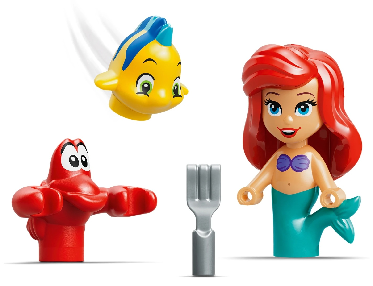 Ariel, Sebastian i Flounder Lego na białym tle.