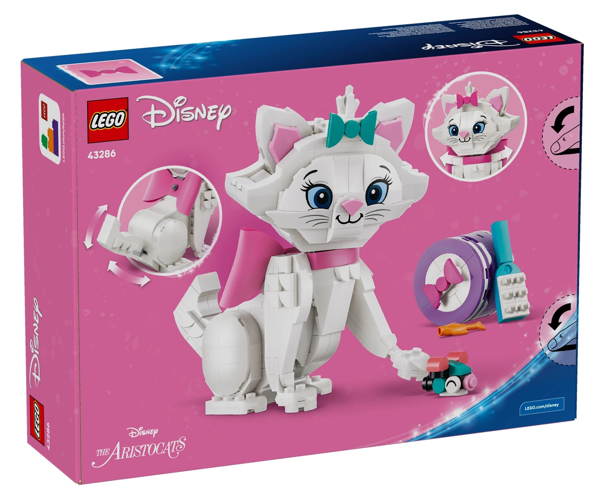 Zestaw LEGO Disney Aristokoci z Marie i akcesoriami na różowym pudełku.