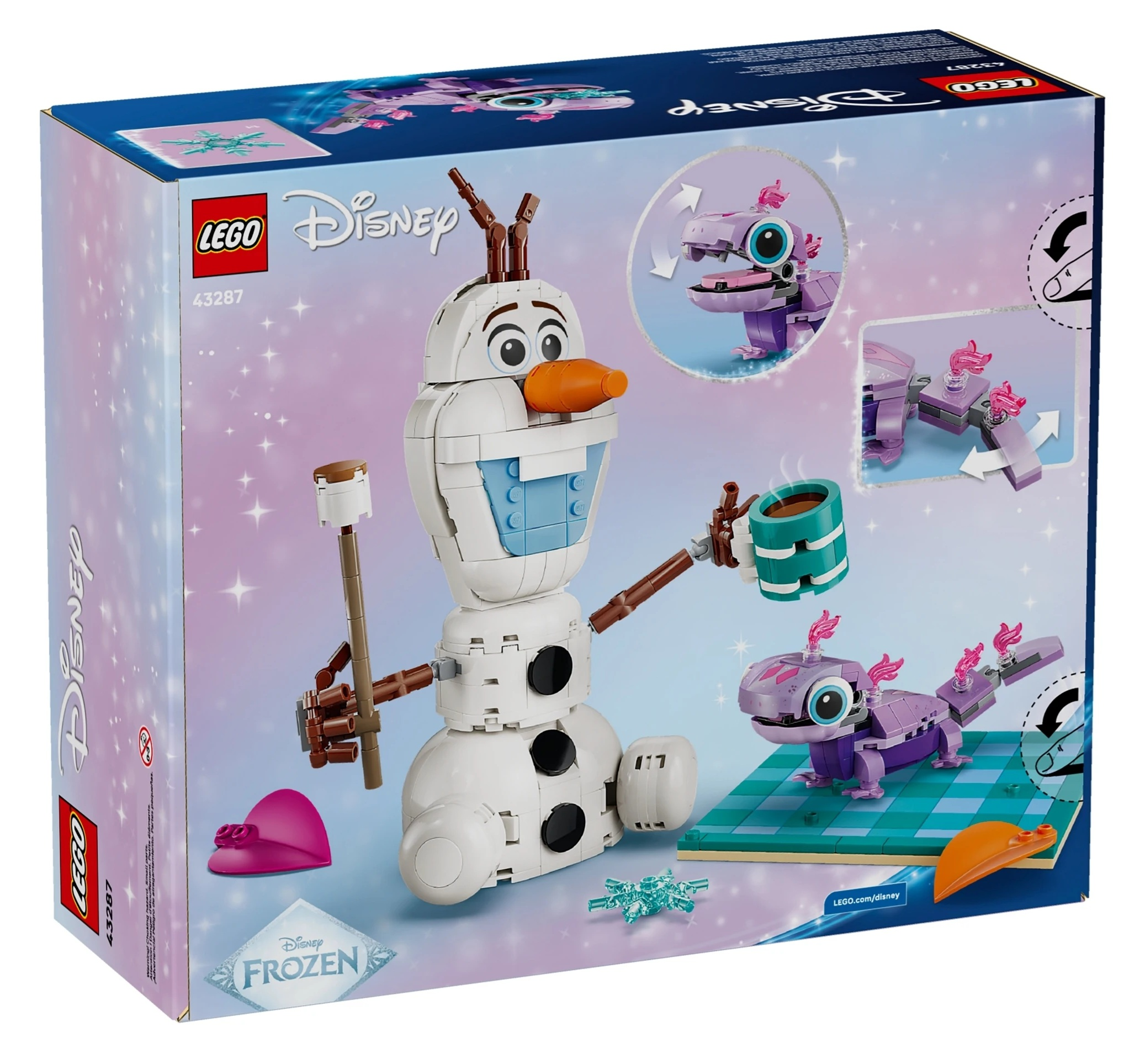 LEGO Olaf trzyma kubek, obok niego zestaw fioletowej salamandry.