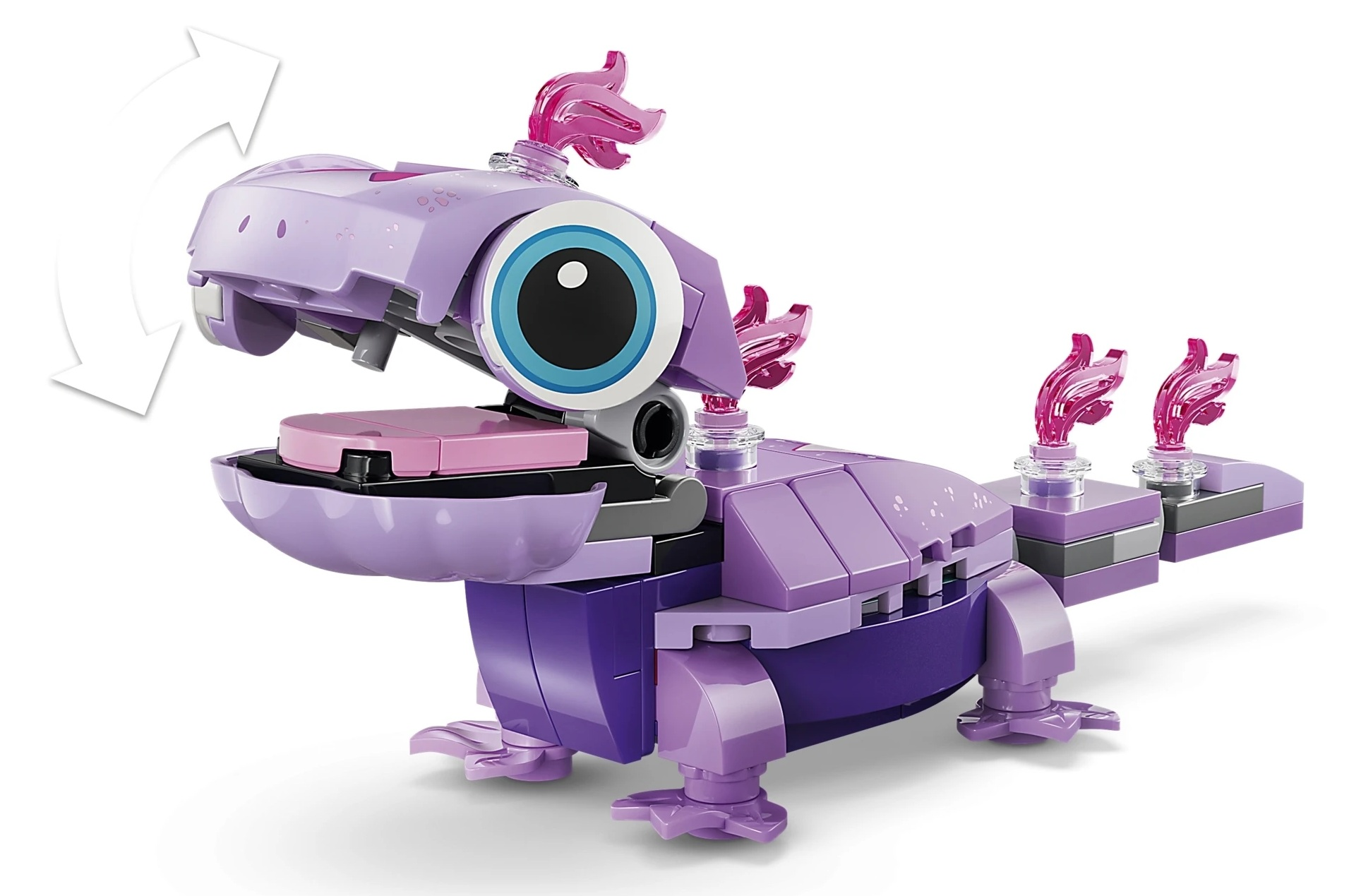 Fioletowy stworek Lego z niebieskim okiem i różowym językiem, na białym tle.