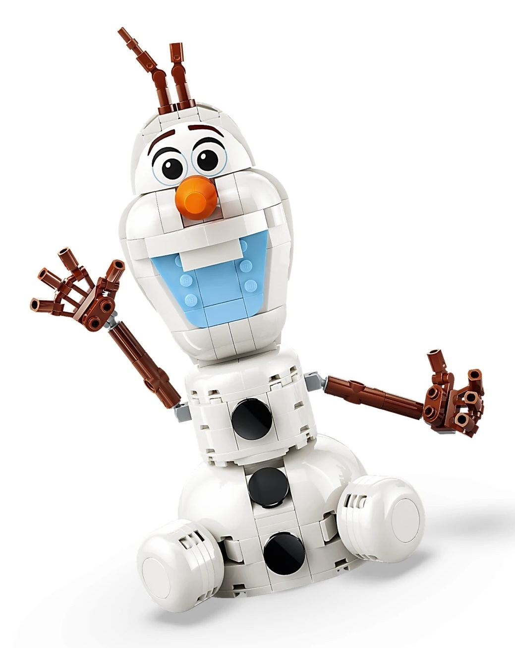 Olaf z klocków Lego z brązowymi ramionami i włosami na białym tle.