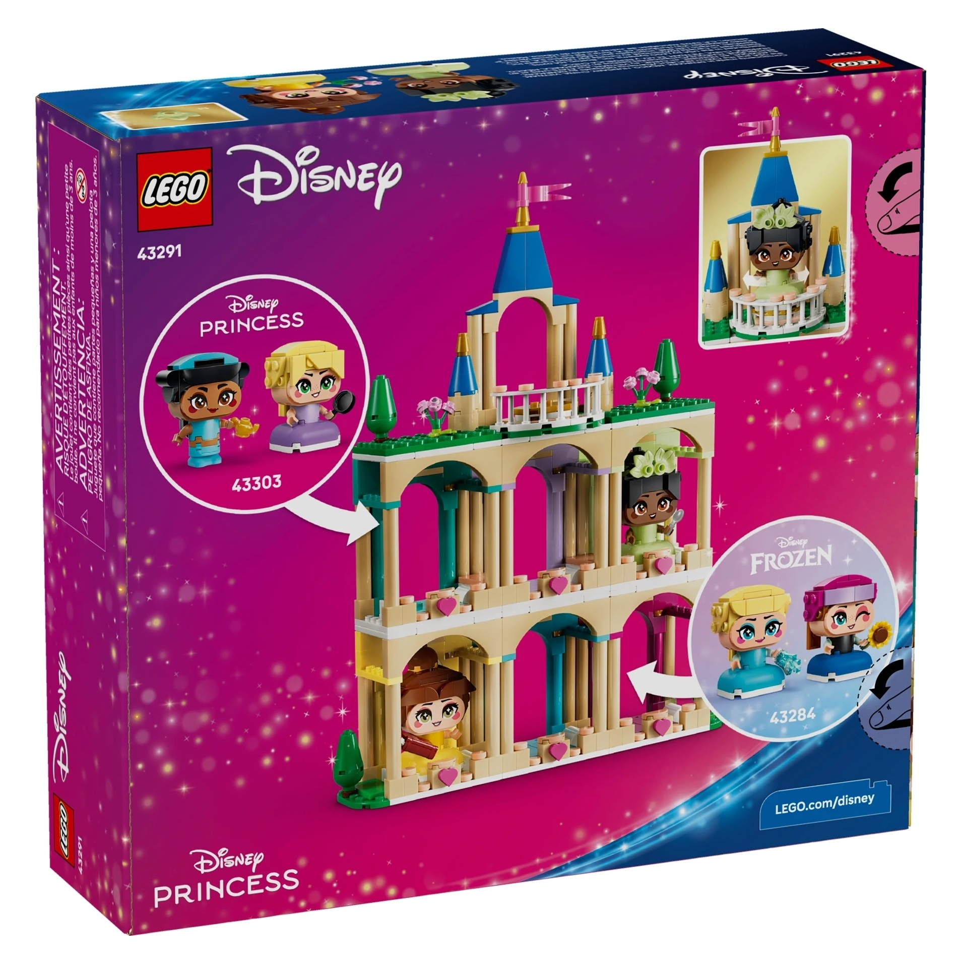Zamek LEGO Disney Princess z figurkami i detalami.