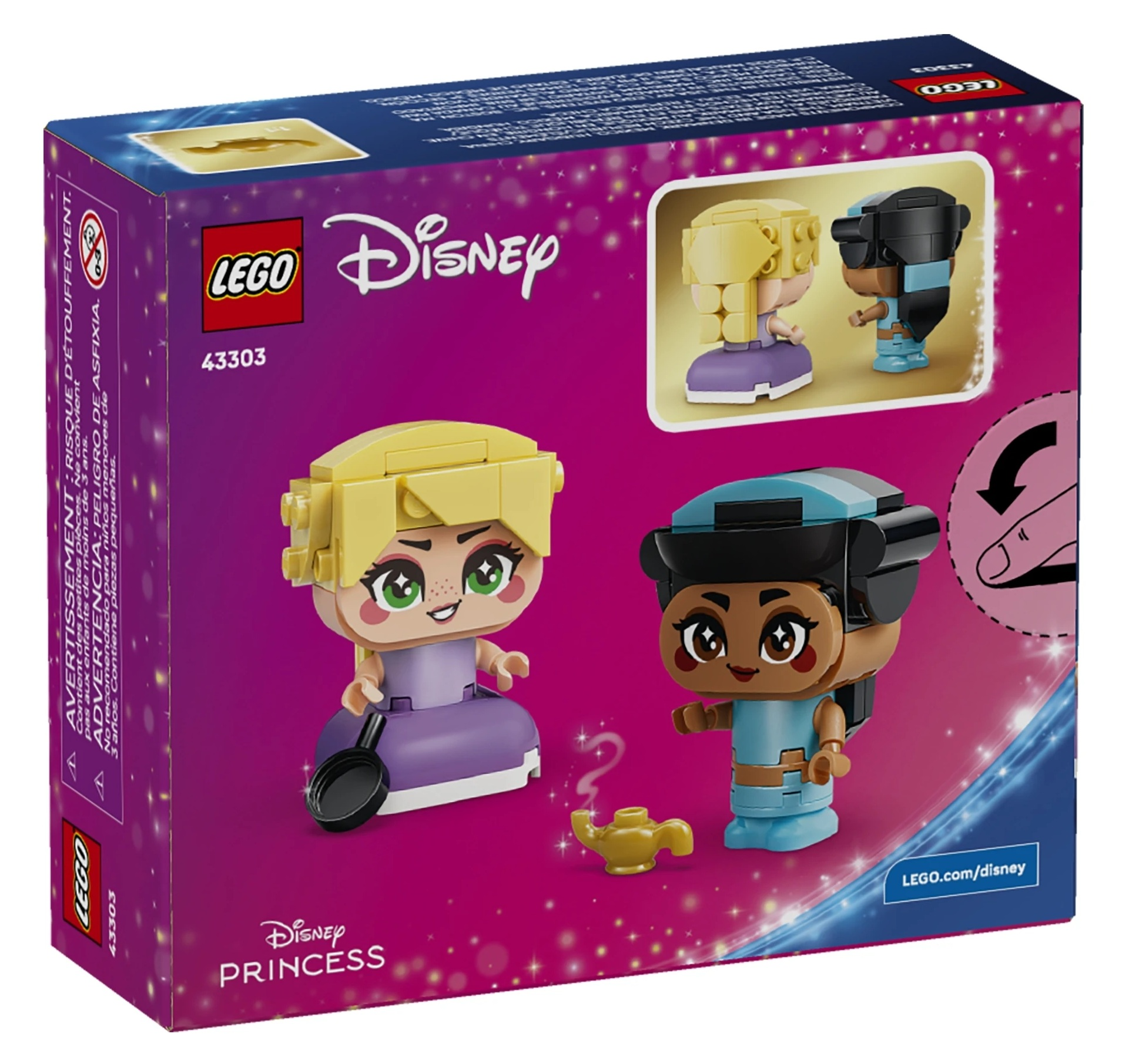 Pudełko z zabawkami LEGO Disney Princess z dwiema figurkami, lampką i patelnią.