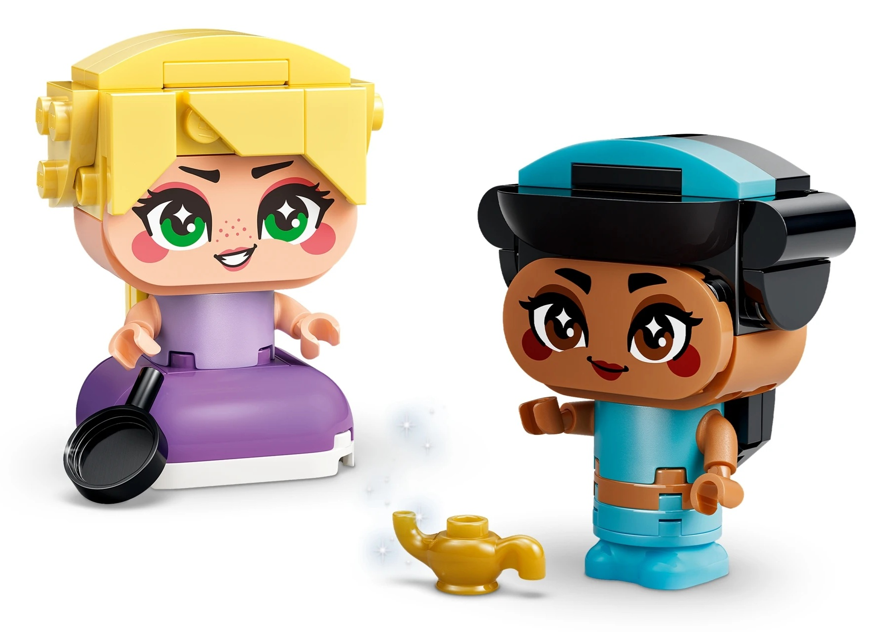 Dwie figurki Lego: jedna blondynka w fioletowej sukience, druga ciemnowłosa w niebieskim stroju.