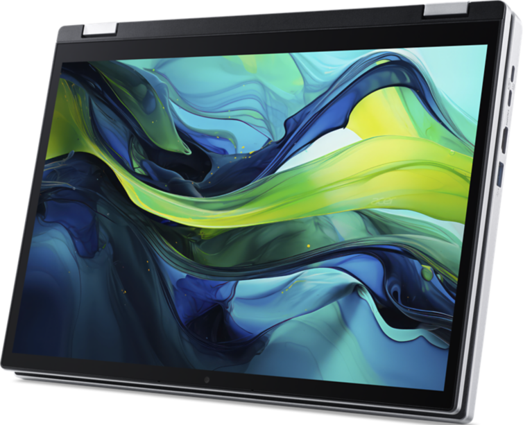Ein silberner Laptop mit einem abstrakten, bunten Hintergrund auf dem Bildschirm.