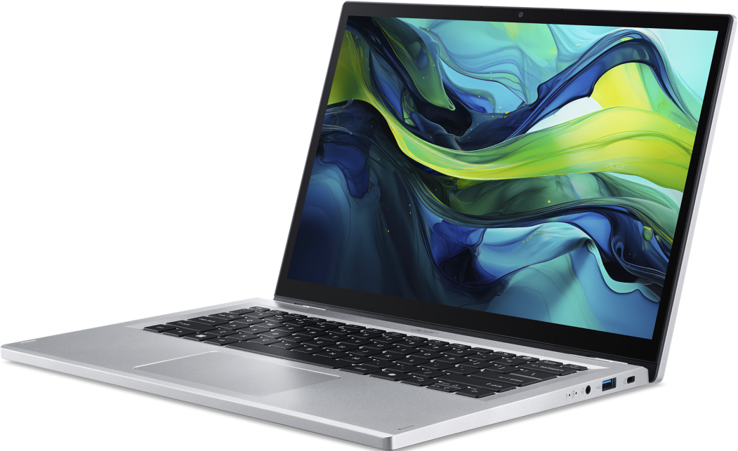 Ein silberner Laptop mit geöffnetem Bildschirm, der ein abstraktes Muster in Blau und Grün zeigt.