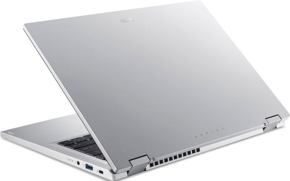 Silberner Acer Laptop mit geöffnetem Bildschirm und Tastatur, weißer Hintergrund.