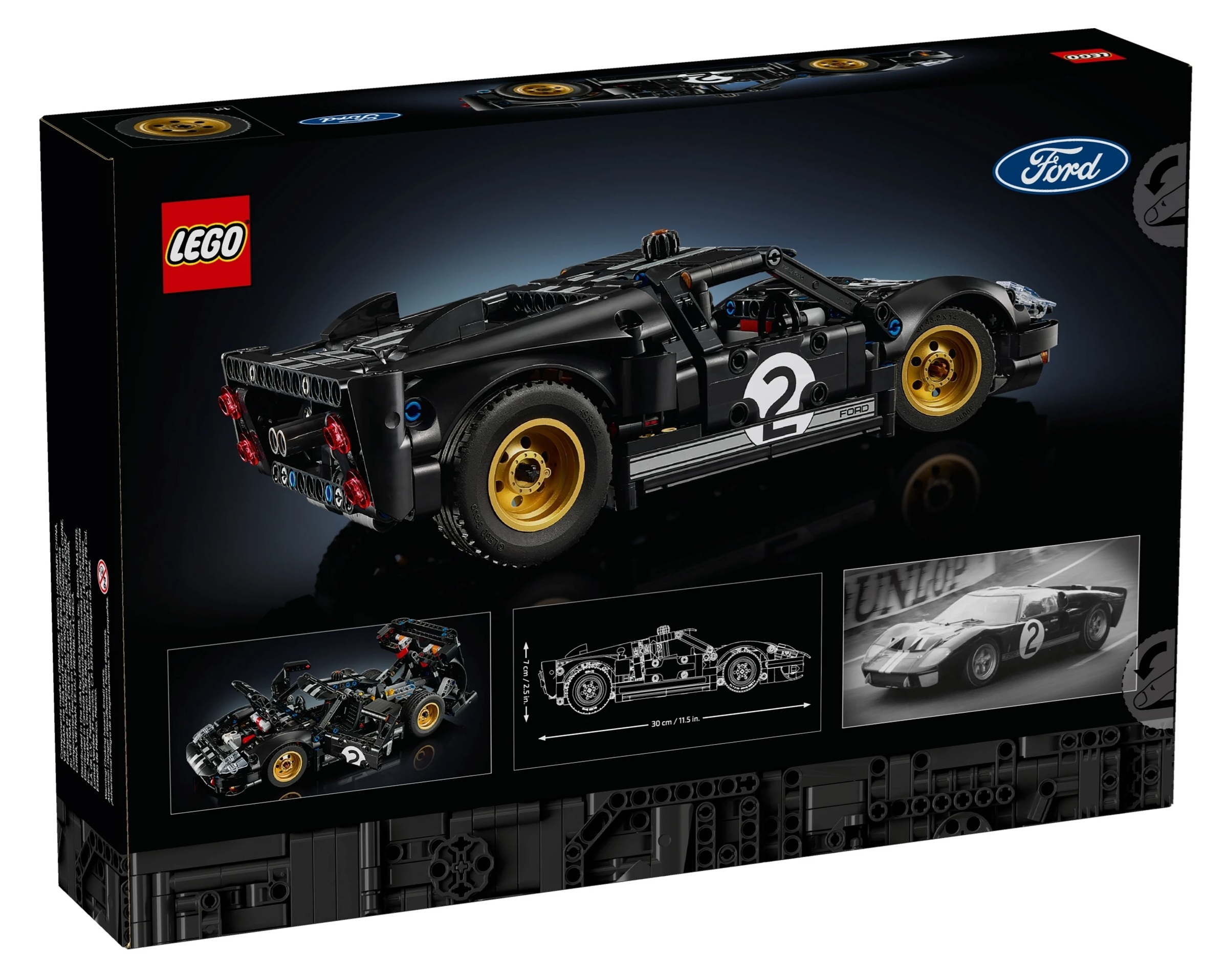 Czarny model samochodu LEGO Ford GT 40 ze złotymi felgami i numerem 2.
