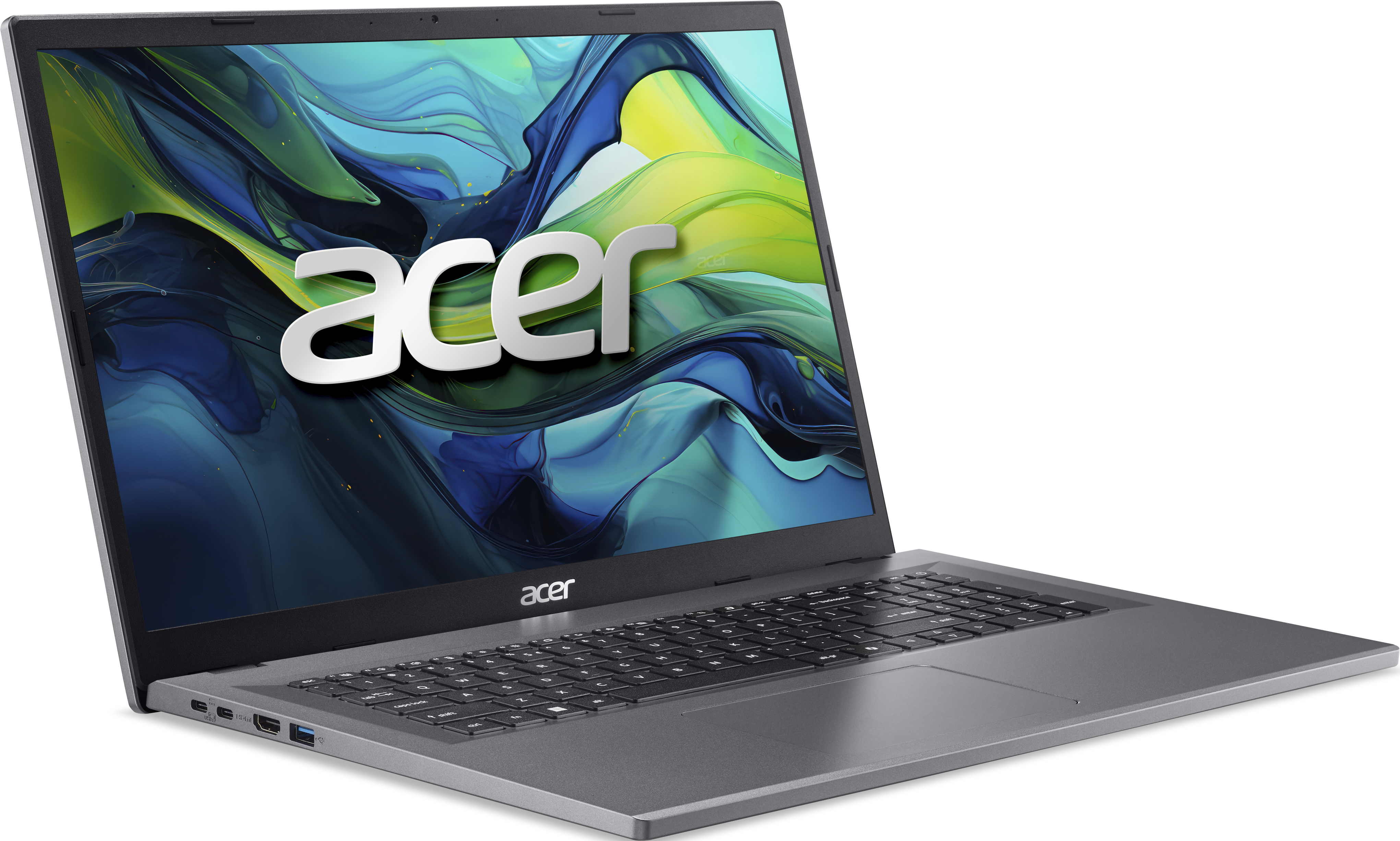 Ein silberner Acer Laptop mit einem abstrakten Wallpaper auf dem Bildschirm.