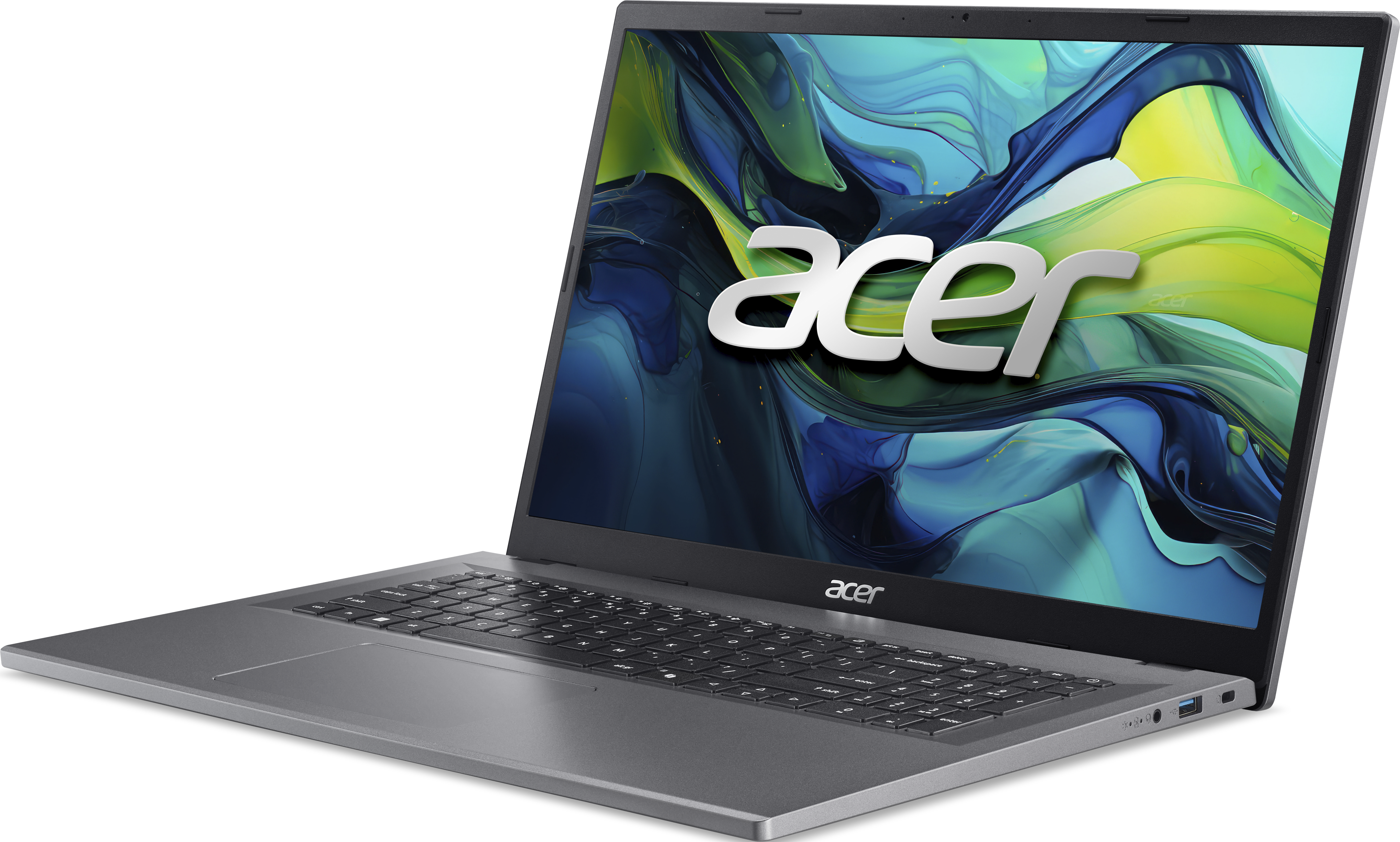 Grauer Acer Laptop mit buntem Hintergrund und Acer-Logo auf dem Bildschirm.