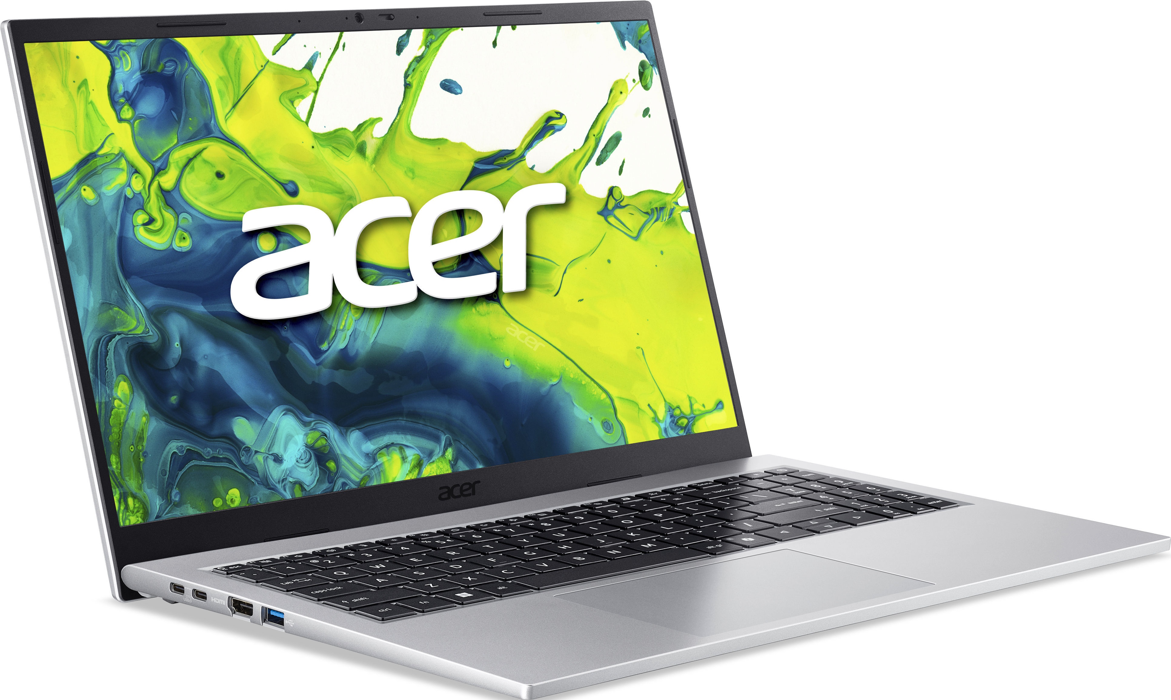 Ein silberner Acer Laptop mit einem bunten Hintergrund auf dem Bildschirm.
