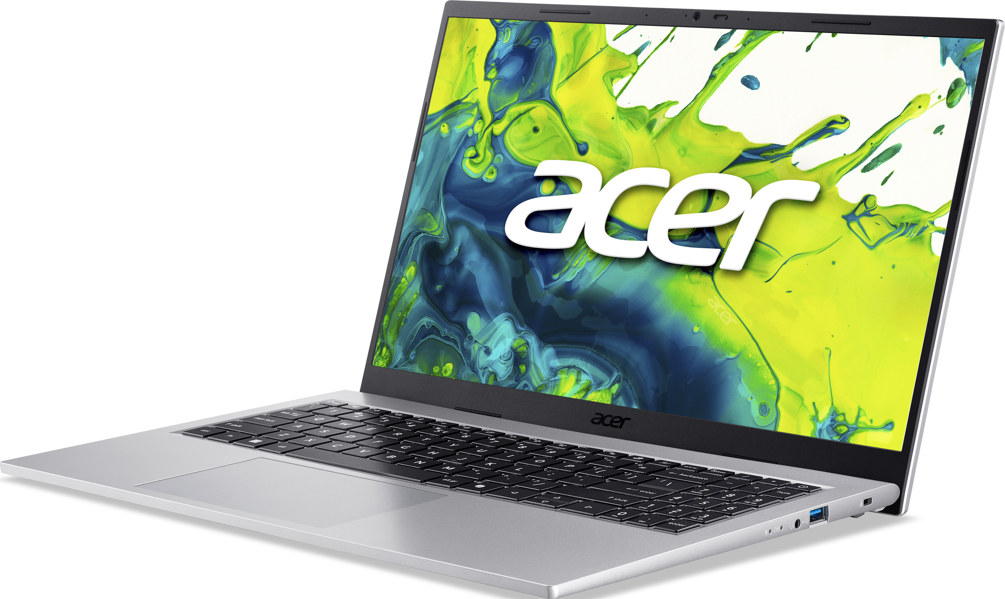 Ein silberner Acer Laptop mit einem bunten Hintergrundbild auf dem Bildschirm.