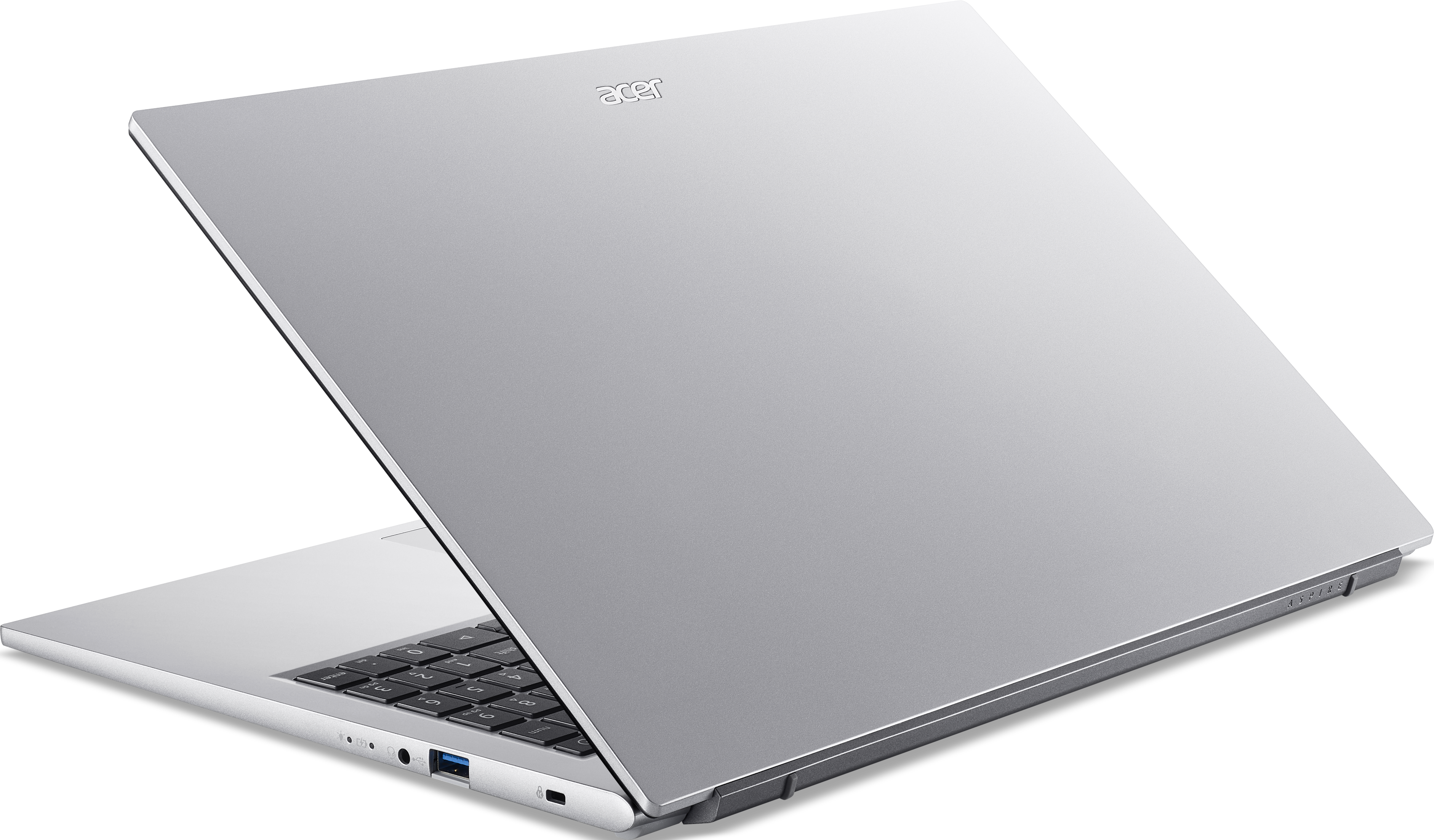 Ein silberner Acer Laptop mit geöffnetem Display und Tastatur.