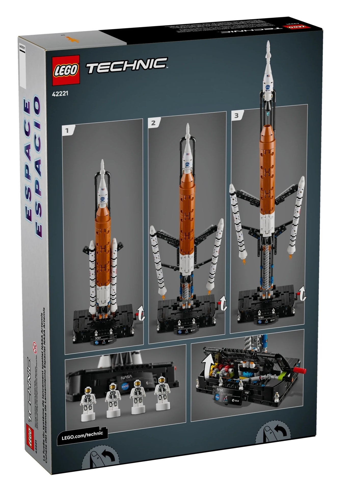 Zestaw LEGO Technic kosmiczny z rakietą i astronautami w trzech fazach budowy.