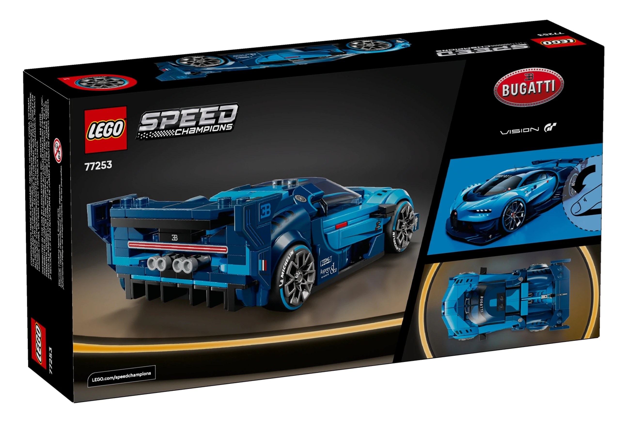Pudełko niebieskiego samochodu wyścigowego Lego Bugatti Vision Gran Turismo.