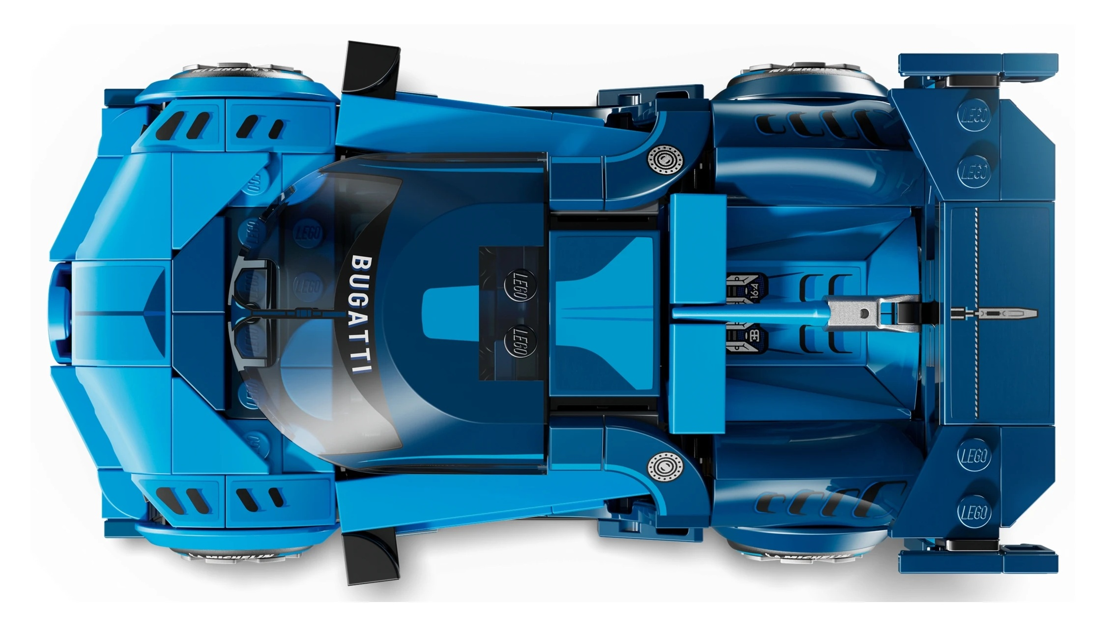 Niebieski sportowy samochód Bugatti z klocków Lego, widok z góry.