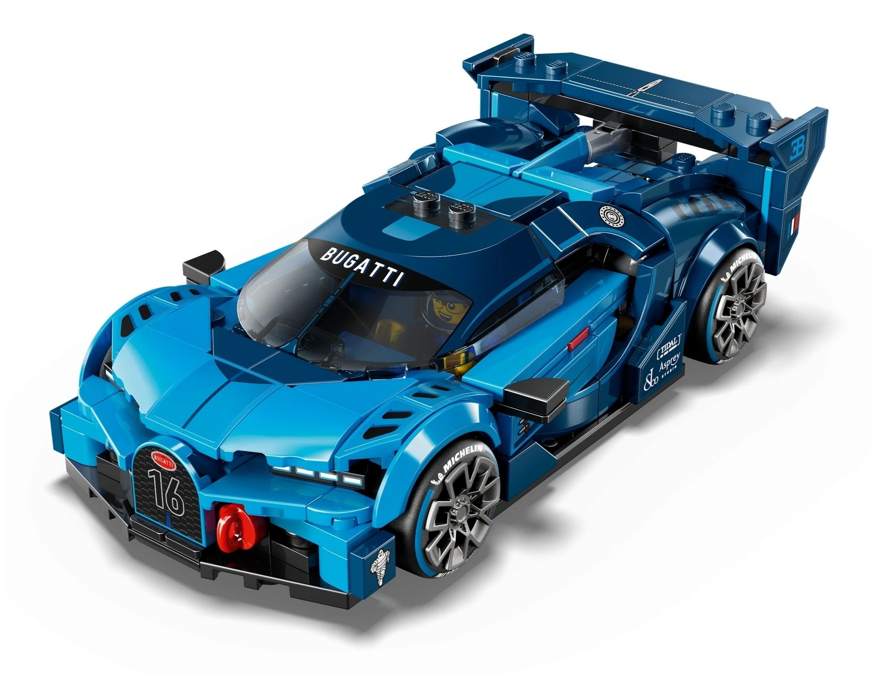 Niebieski hipersamochód LEGO Bugatti z detalami wyścigowymi, dużym tylnym skrzydłem i kołami.