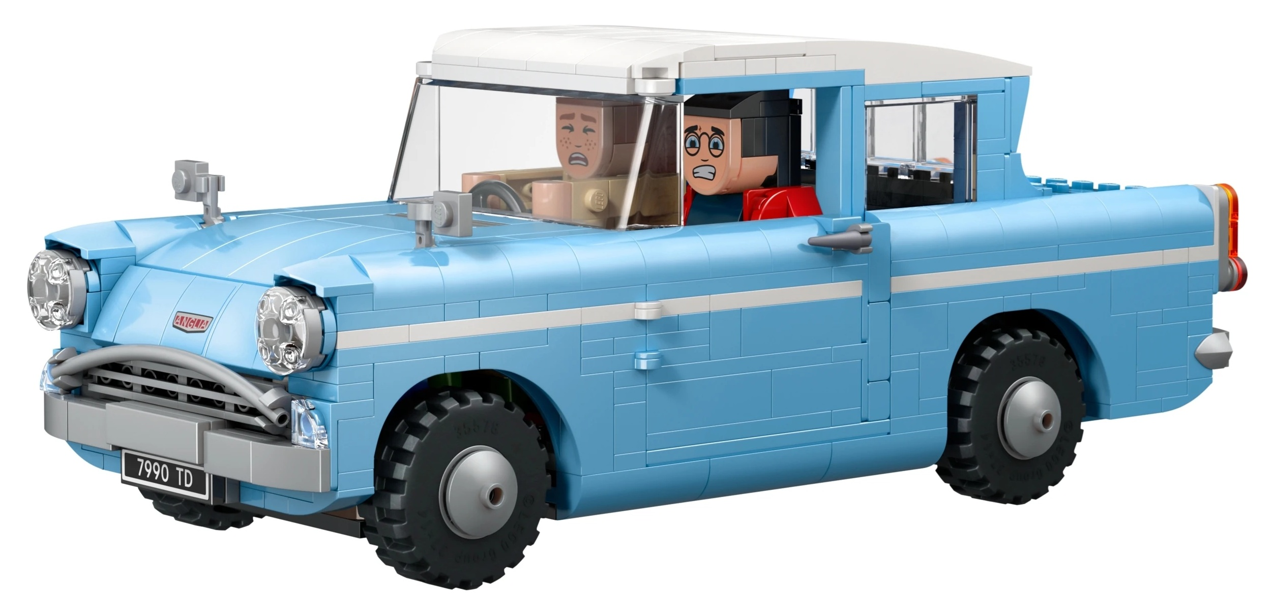 Niebieski samochód Lego z dwiema przestraszonymi postaciami w środku.