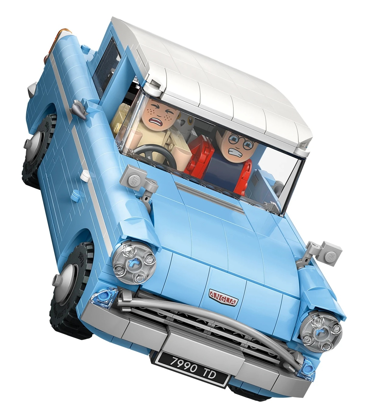 Niebieski samochód Lego z dwiema przerażonymi minifigurkami.