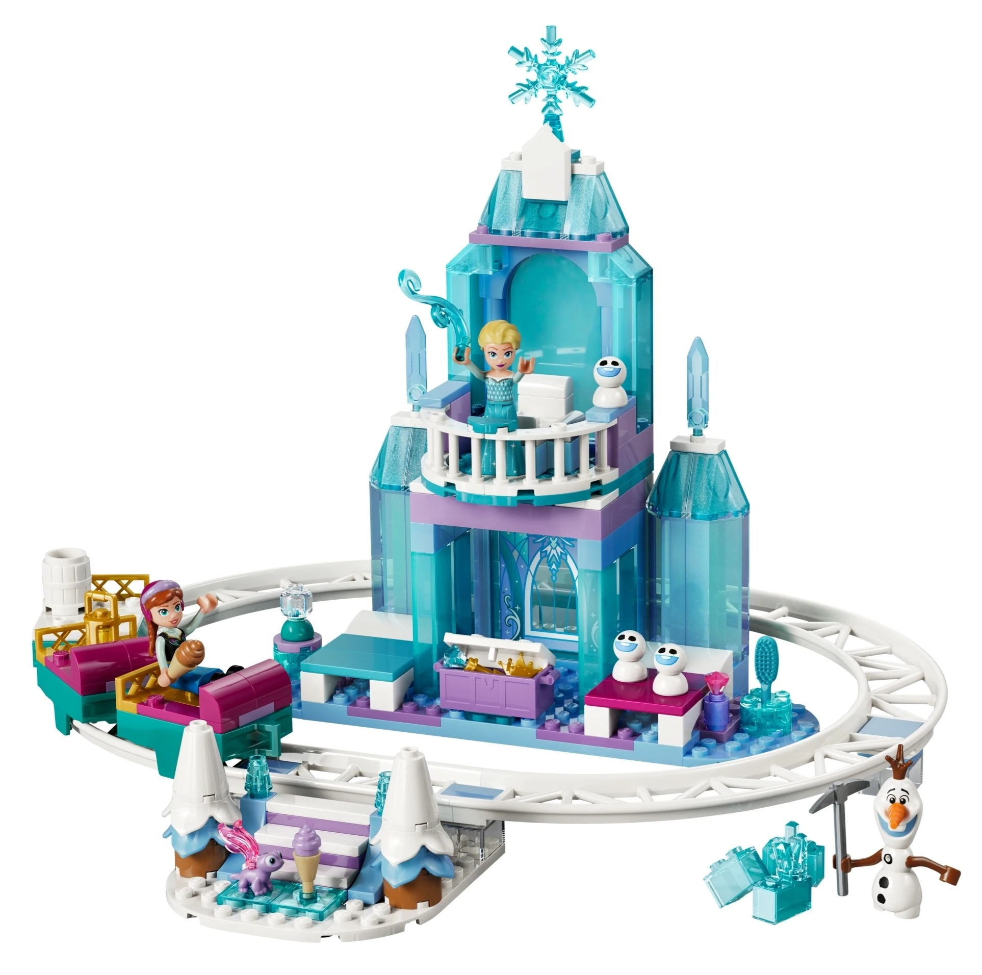 Lodowy pałac Lego z postaciami, kolejką górską i Olafem.