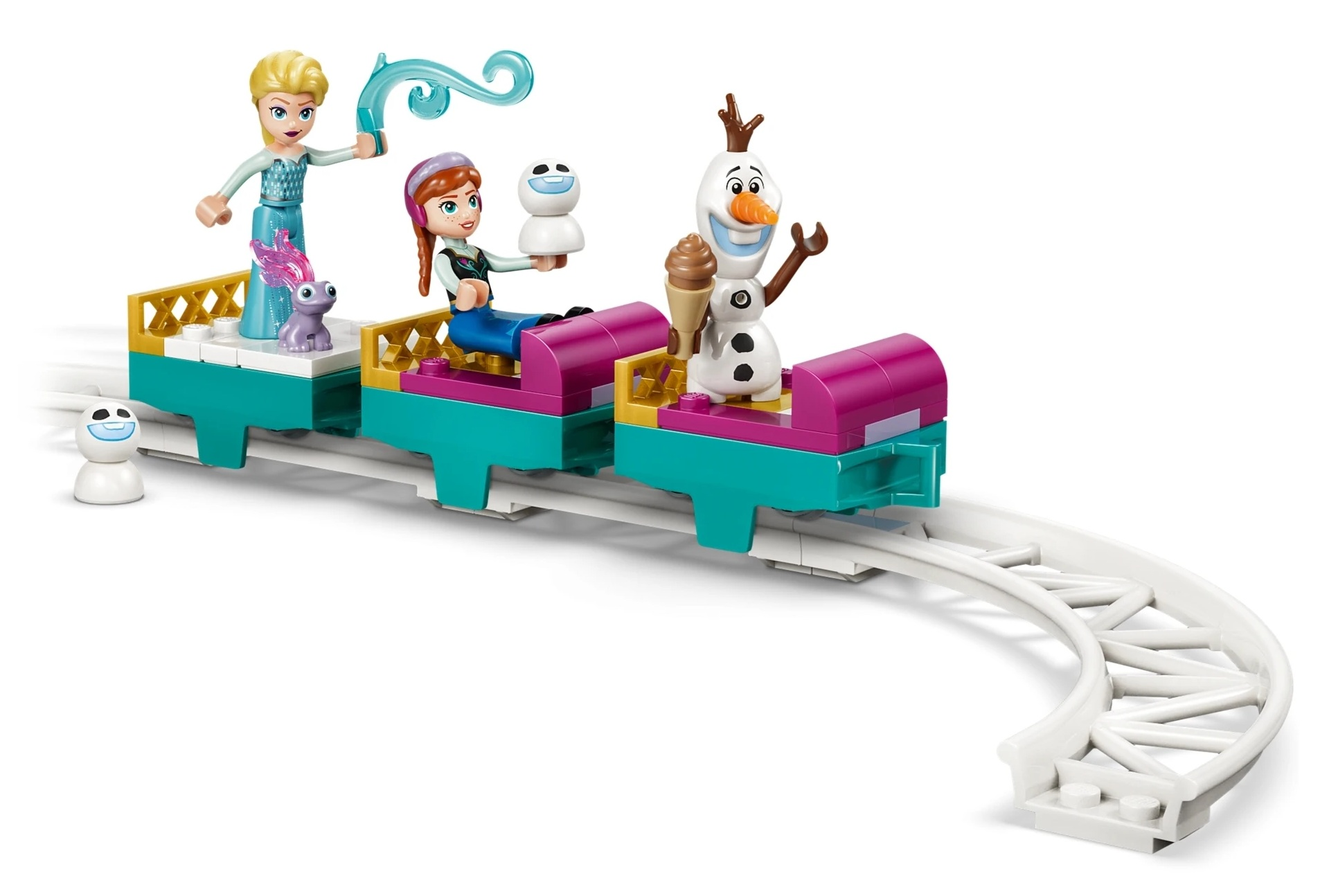 Elsa, Anna i Olaf jadą kolejką górską z bałwanami i lodami.