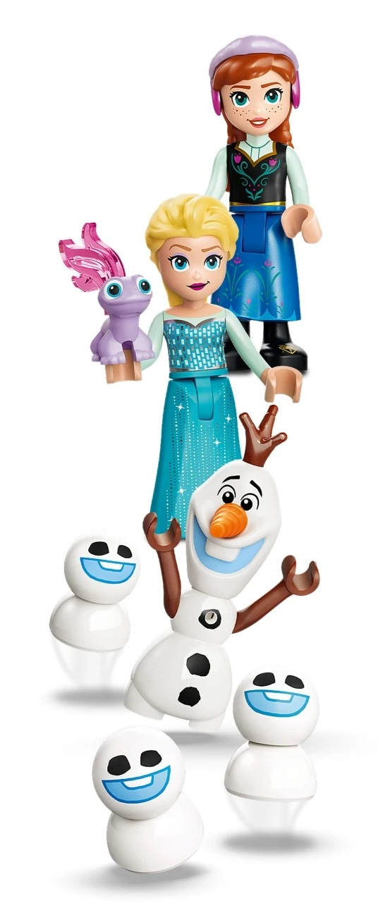 Figurki LEGO Elsy, Anny, Olafa i salamandry na białym tle.