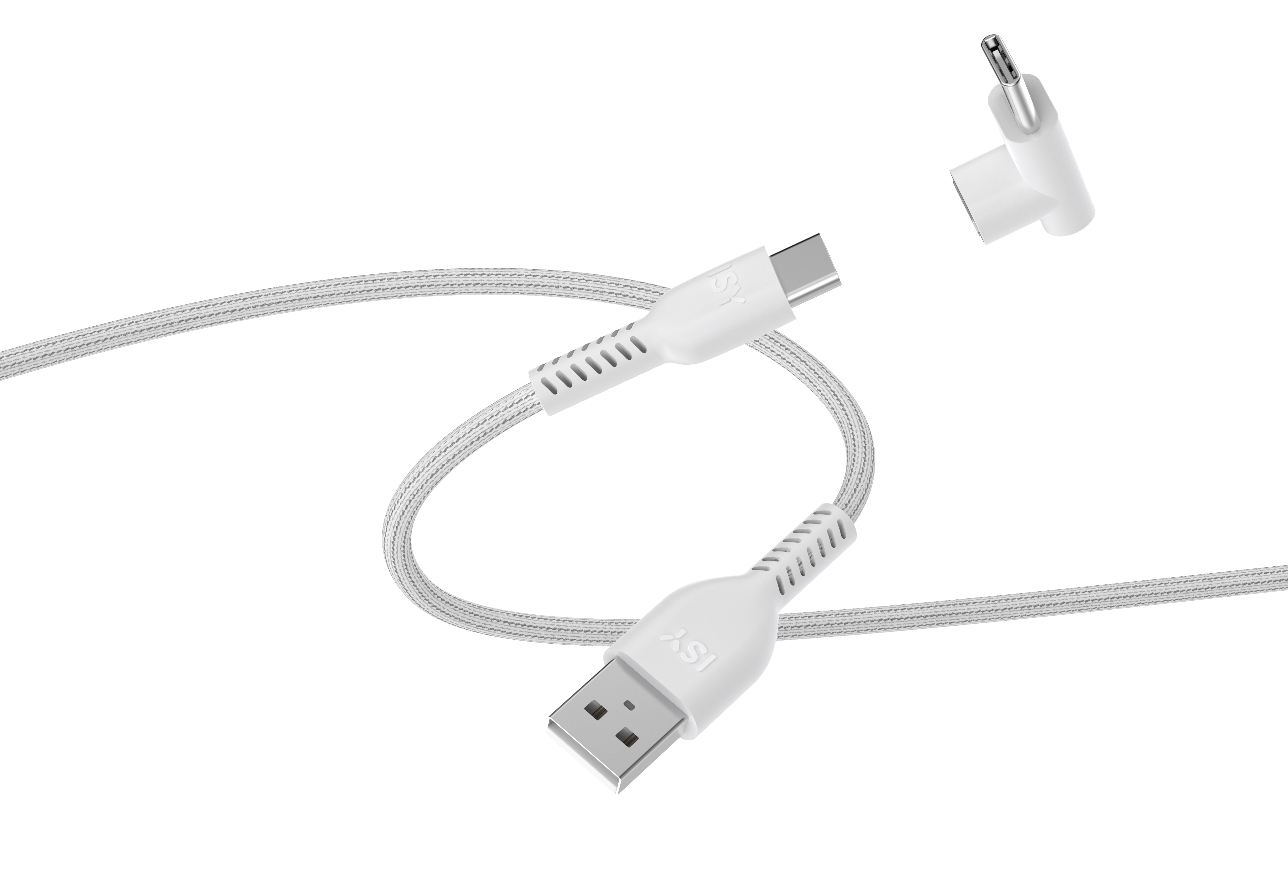 Ein weißes USB-C-Kabel mit USB-A-Stecker und einem abgewinkelten Stecker.