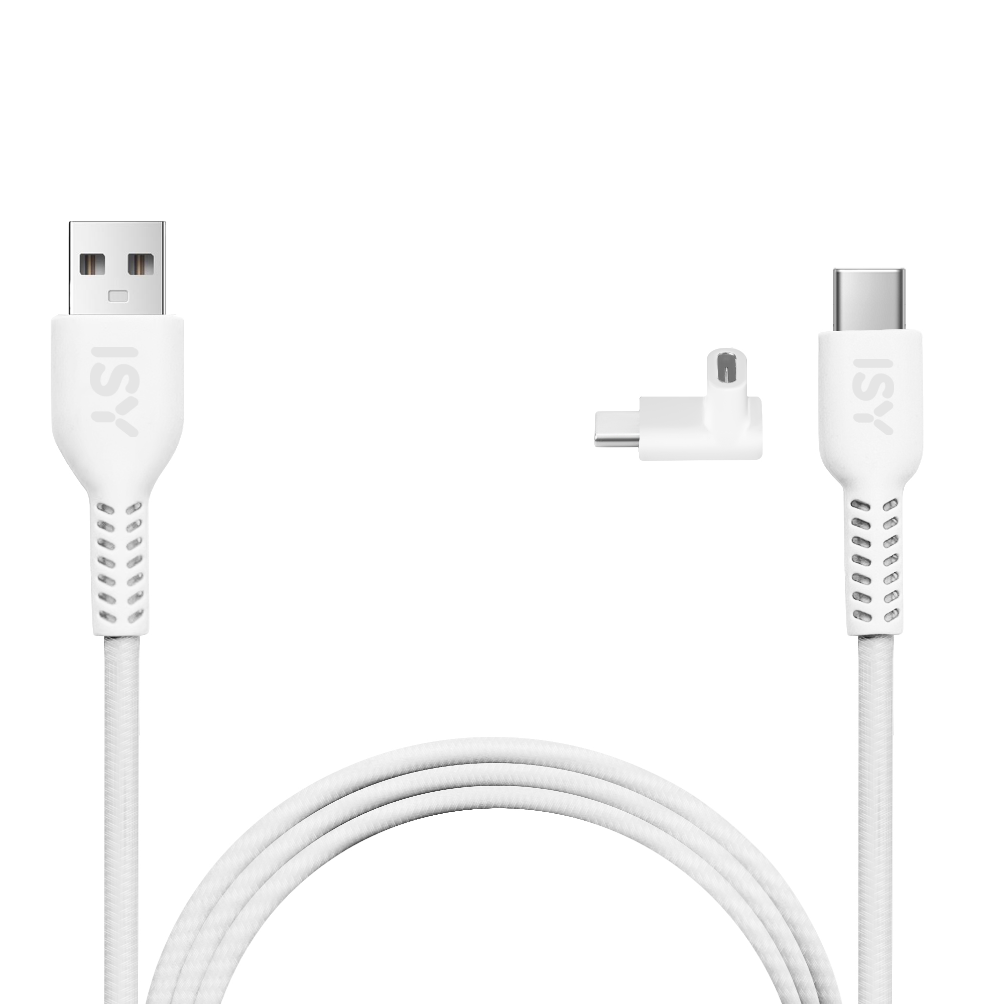 Ein weißes USB-C-Kabel mit beiden Anschlüssen und einem Winkeladapter.