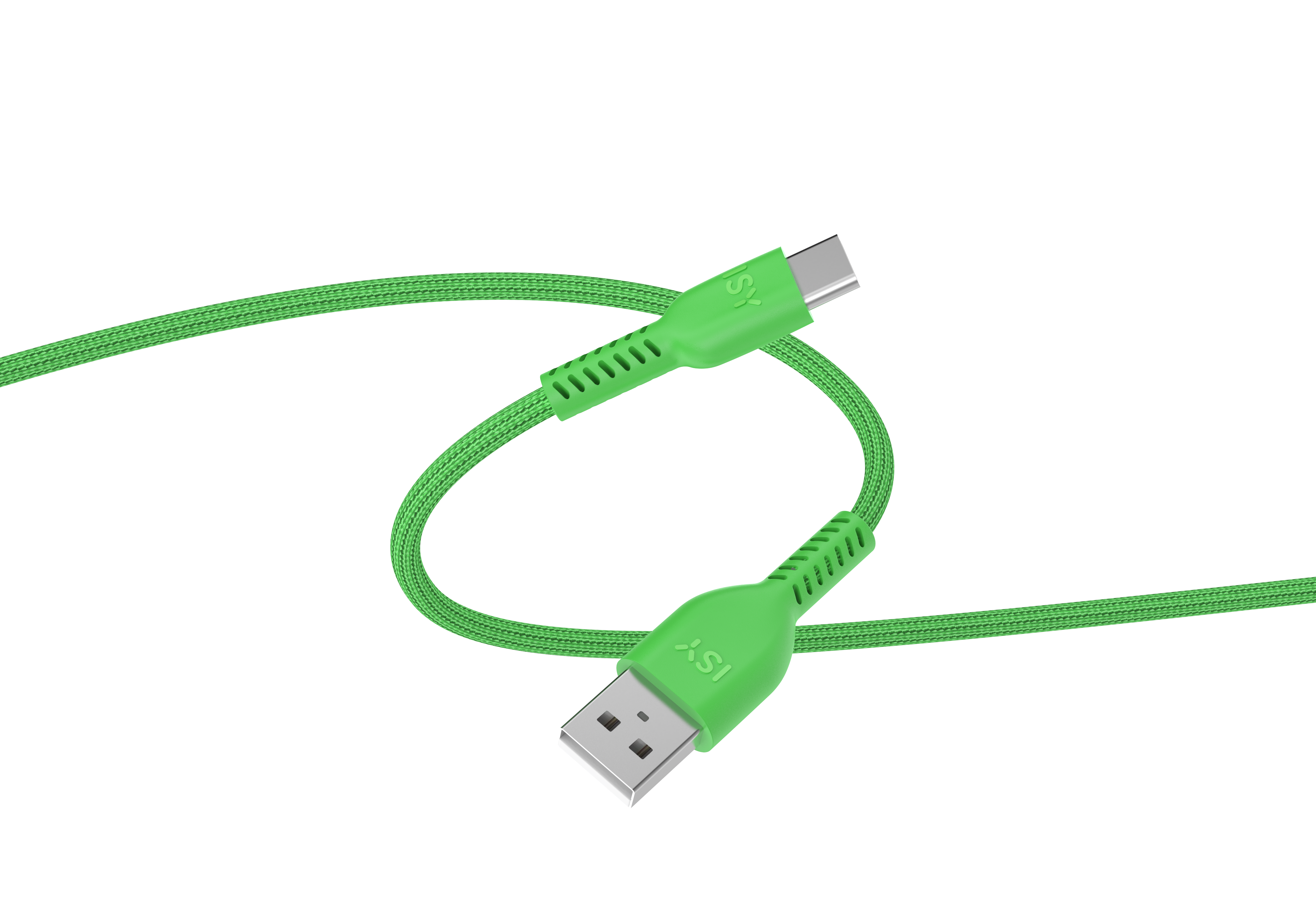 Grünes USB-C-zu-USB-A-Kabel mit Stoffummantelung, isoliert auf Schwarz.