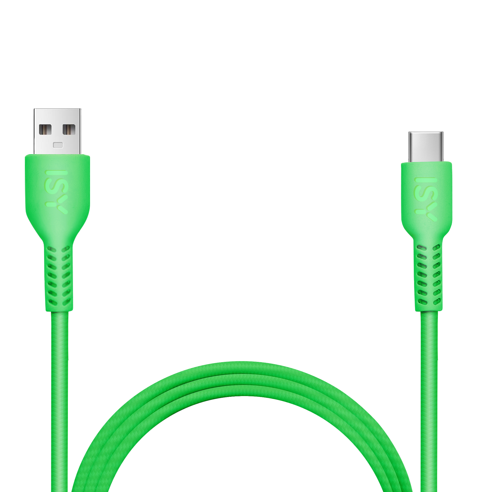 Ein grünes USB-C-zu-USB-A-Kabel mit ISY-Logo, auf weißem Hintergrund.