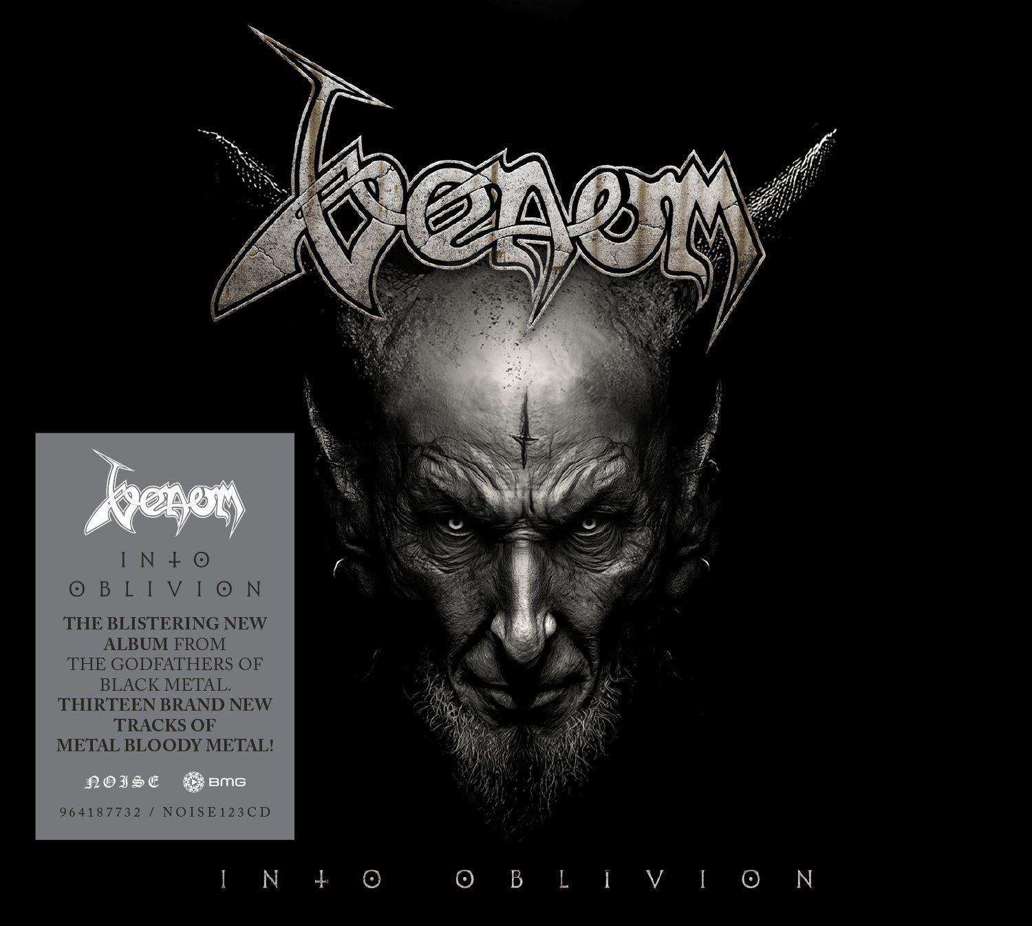 Albumcover für Venoms „In to Oblivion“ zeigt ein dämonisches Gesicht mit Hörnern.