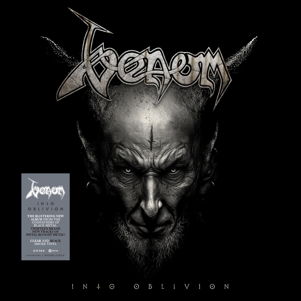 Albumcover mit dämonischem Gesicht und Bandlogo 'Venom'.