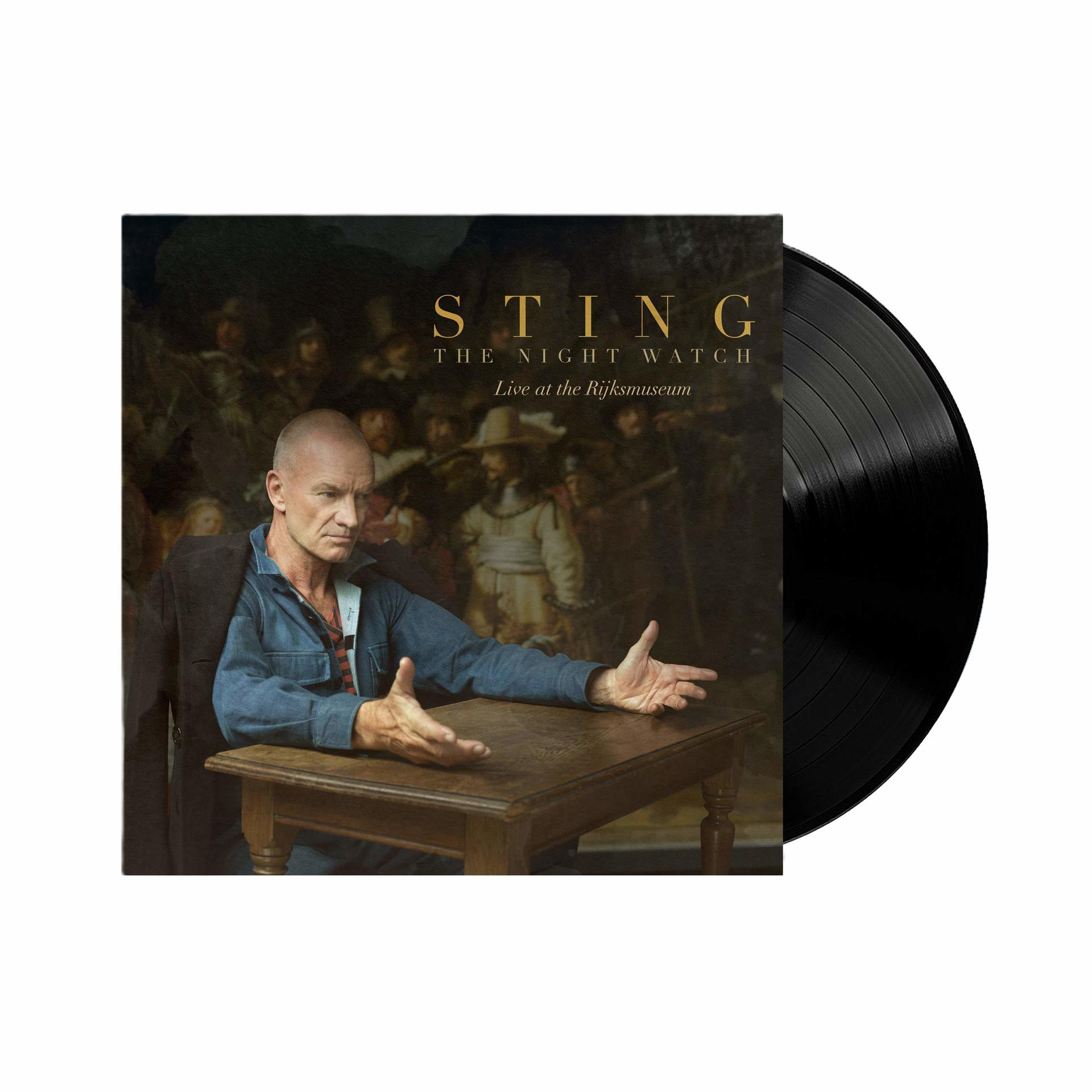 Sting sitzt am Tisch, im Hintergrund Rembrandts Nachtwache, daneben eine Schallplatte.