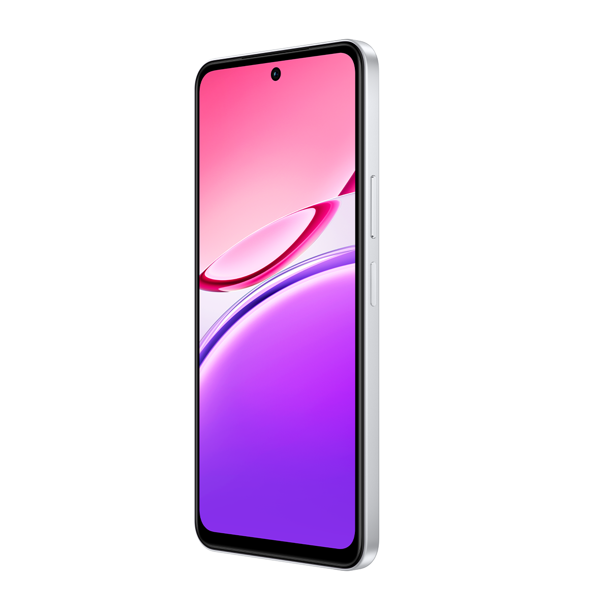Gümüş çerçeveli akıllı telefon, pembe-mor gradyan ekranlı.