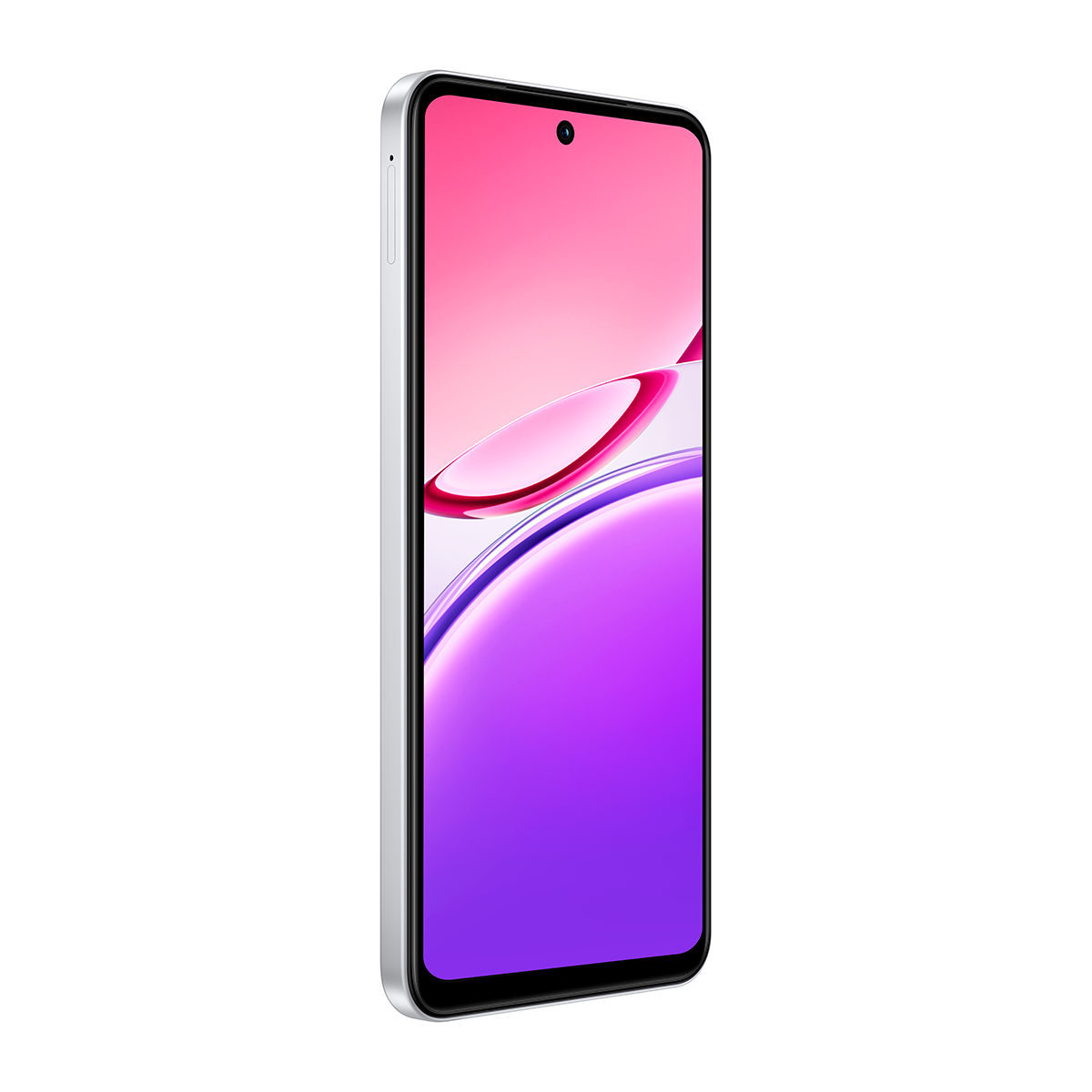 Gümüş rengi akıllı telefon, pembe ve mor gradyan ekranlı.