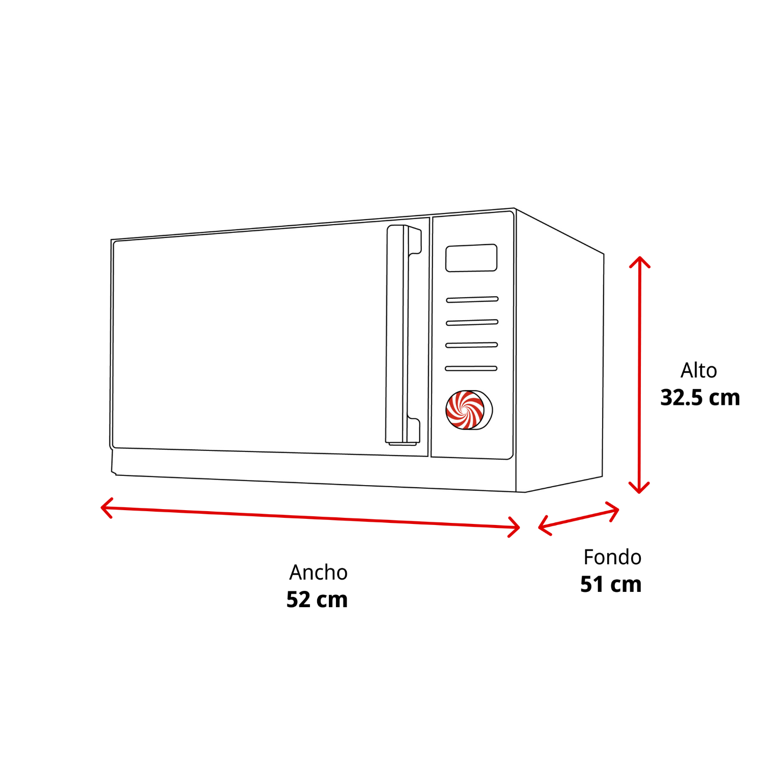 Un diagrama esquemático de un microondas con dimensiones: 52cm ancho, 32.5cm alto, 51cm profundo.