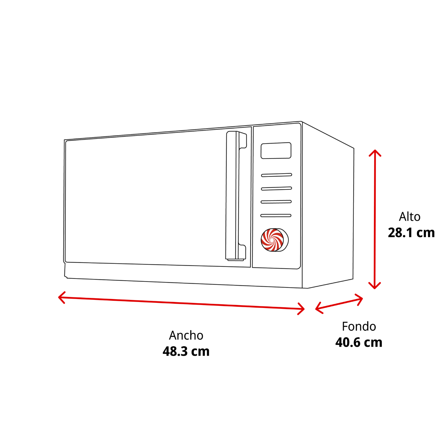Un dibujo lineal de un microondas con dimensiones: ancho 48,3 cm, fondo 40,6 cm, alto 28,1 cm.