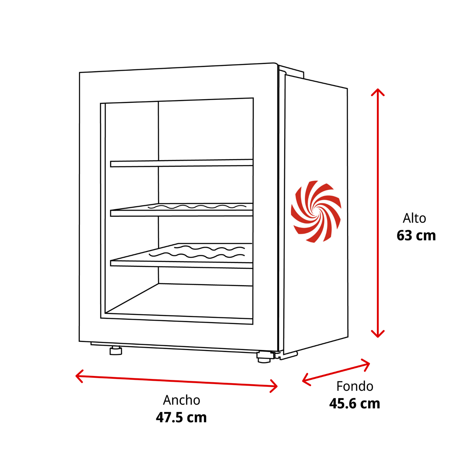 Refrigerador con tres estantes, logo rojo y blanco, medidas 47.5x63x45.6 cm.