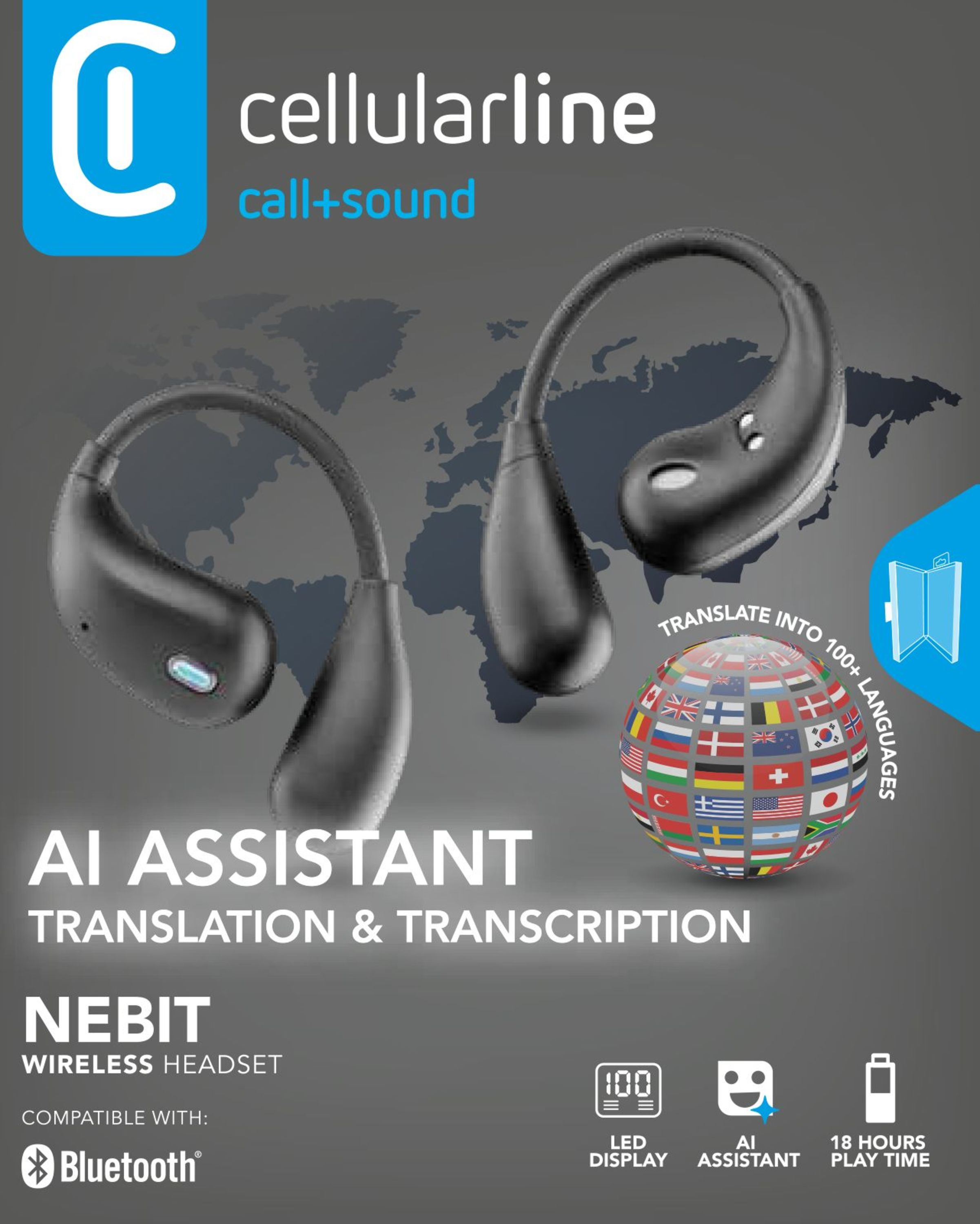 Bluetooth logosu ve dünya haritası olan iki siyah kablosuz kulaklık.