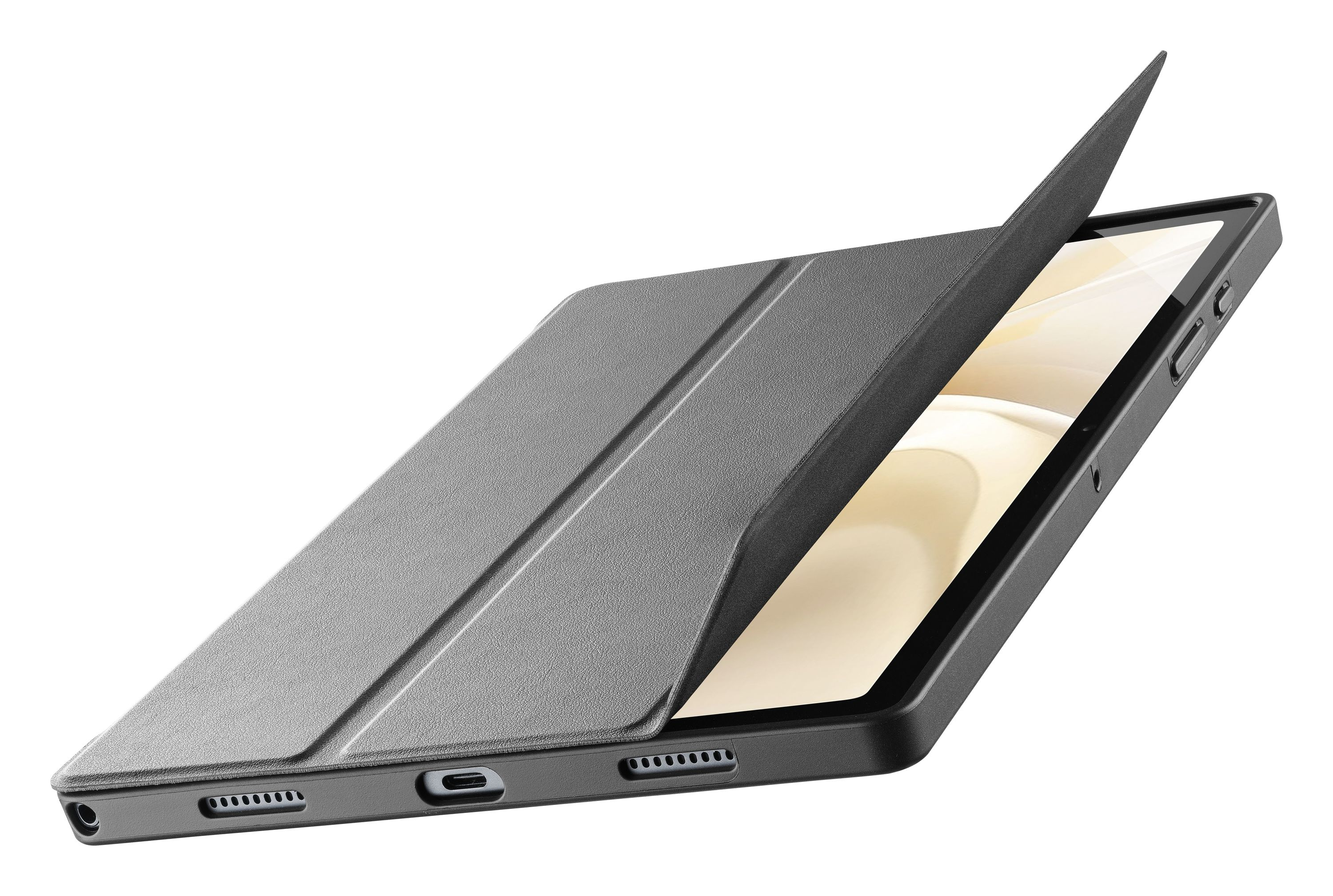 Ekranı gösteren açık kapaklı gri tablet kılıfı.