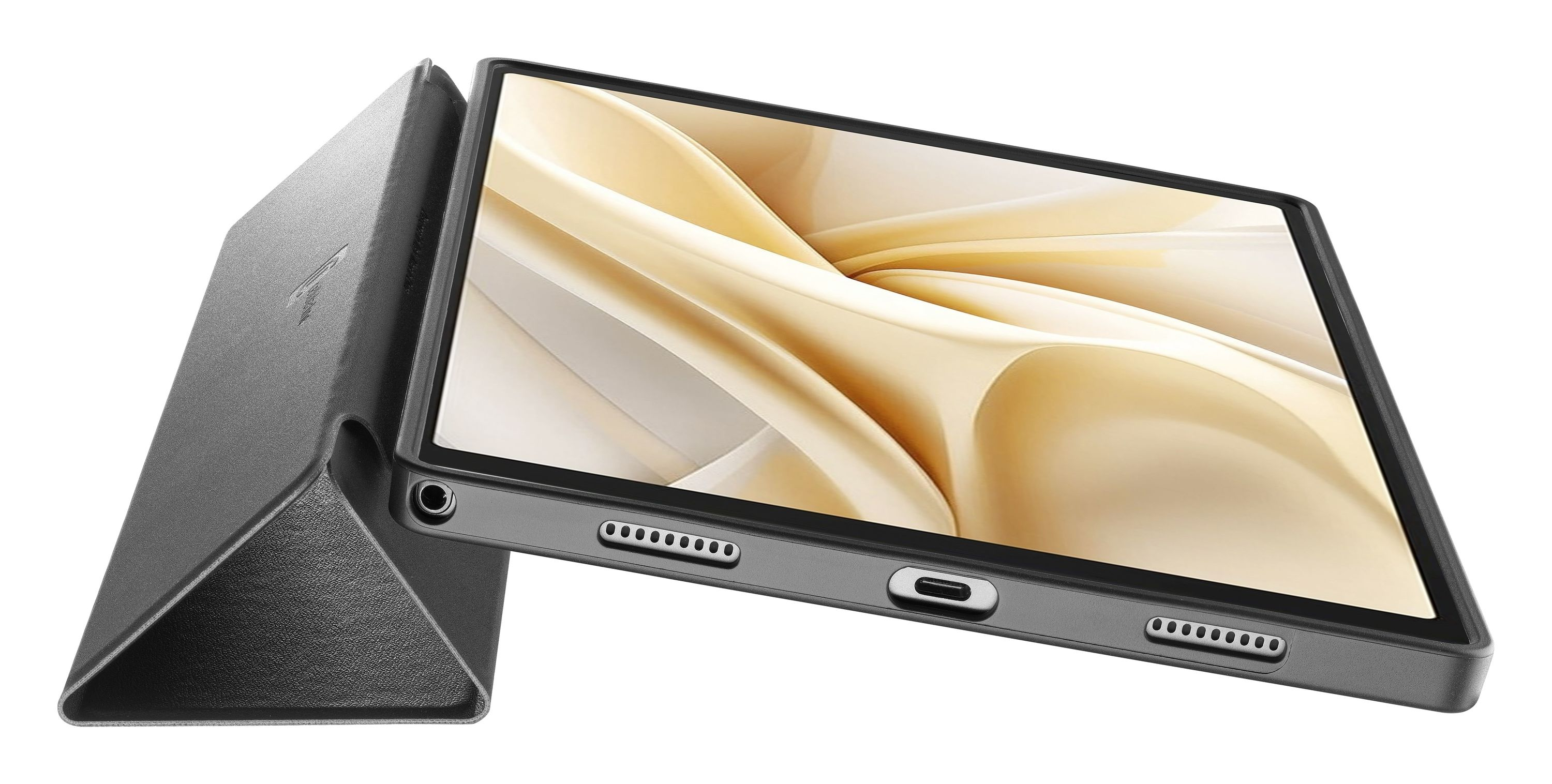 Ayak olarak katlanmış manyetik kılıflı gri tablet.