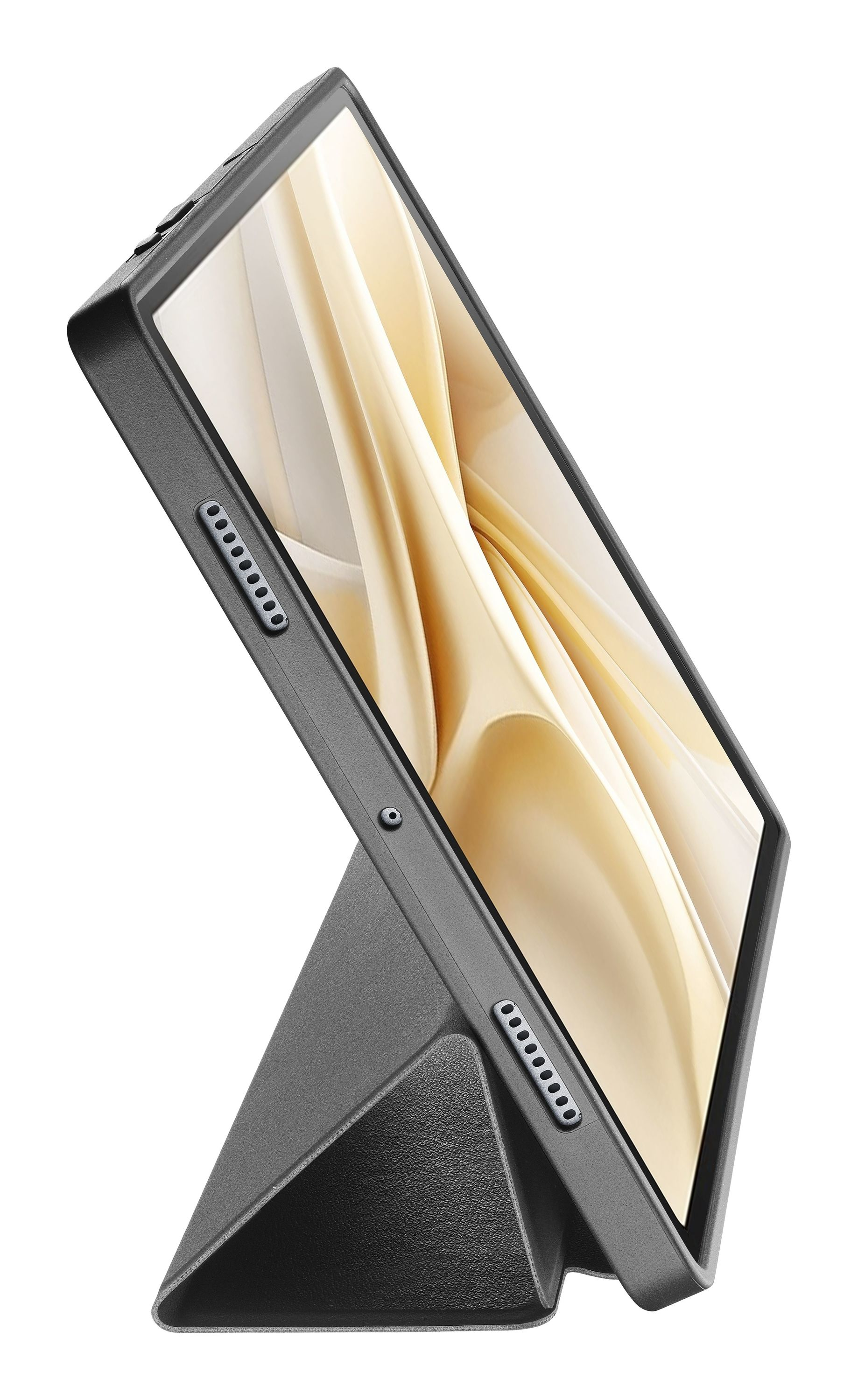 Gri tablet stantlı, beyaz zeminde.