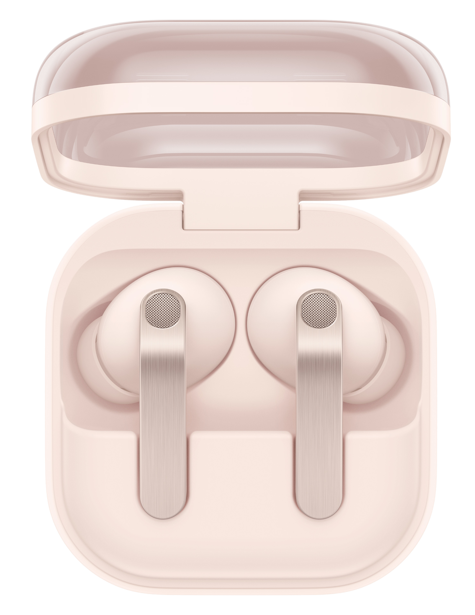 Para różowych słuchawek bezprzewodowych w otwartym etui ładującym.