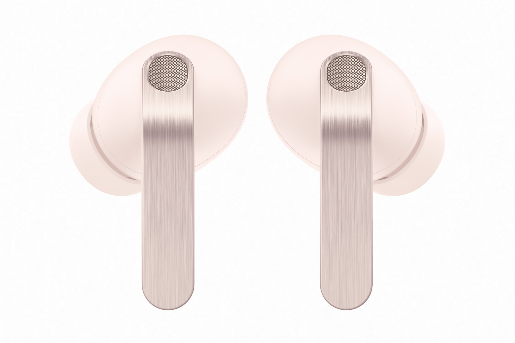 Dwa różowe słuchawki bezprzewodowe ze srebrnymi akcentami na białym tle.