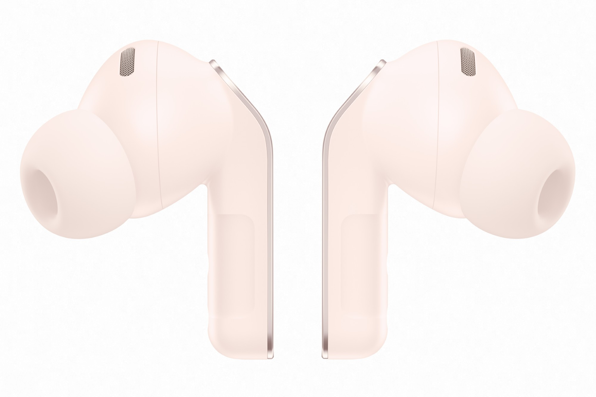 Dwa białe słuchawki z srebrnymi akcentami, na białym tle.