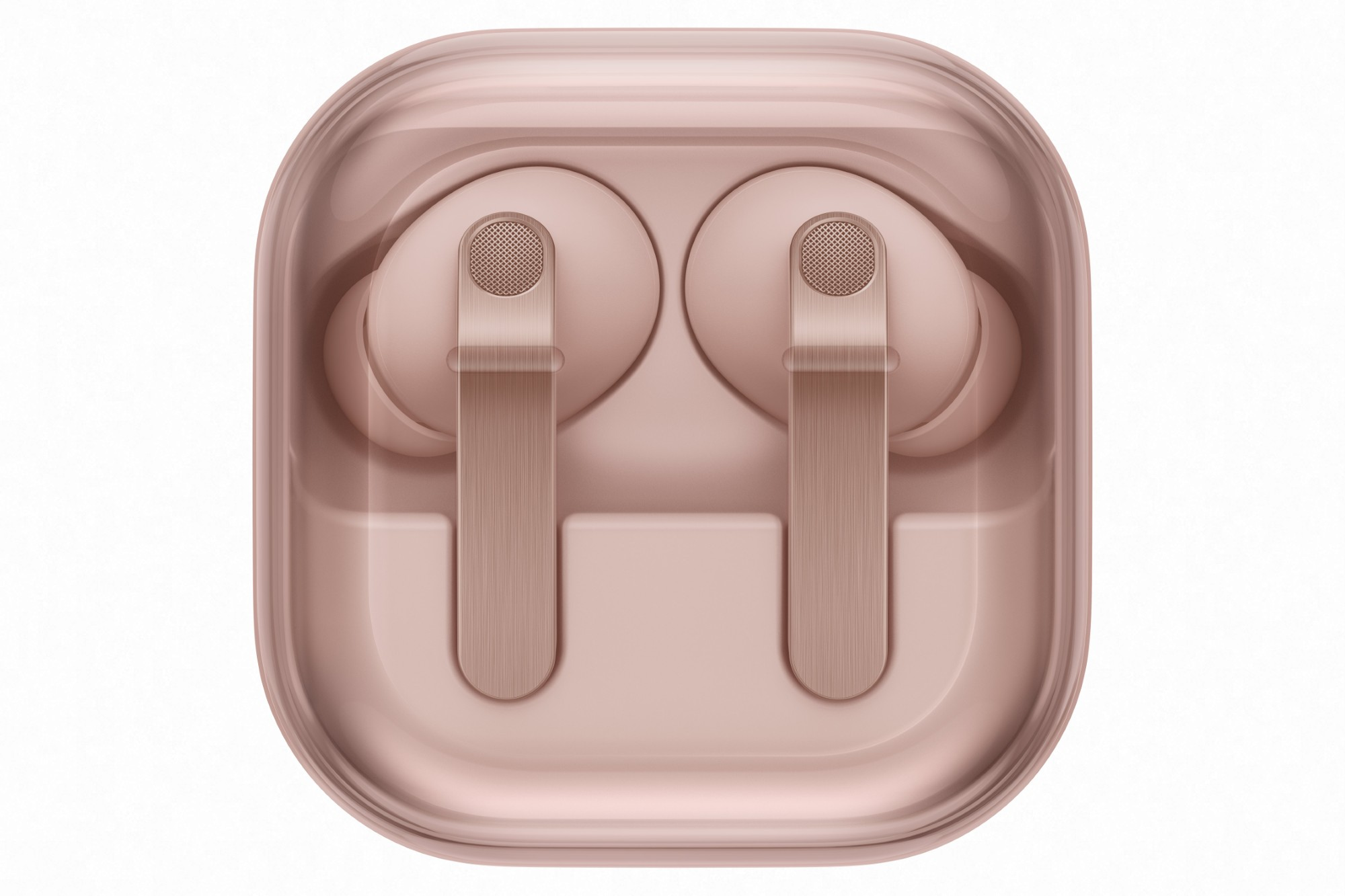 Dwa koralowe pchełki w przezroczystym etui ładującym.