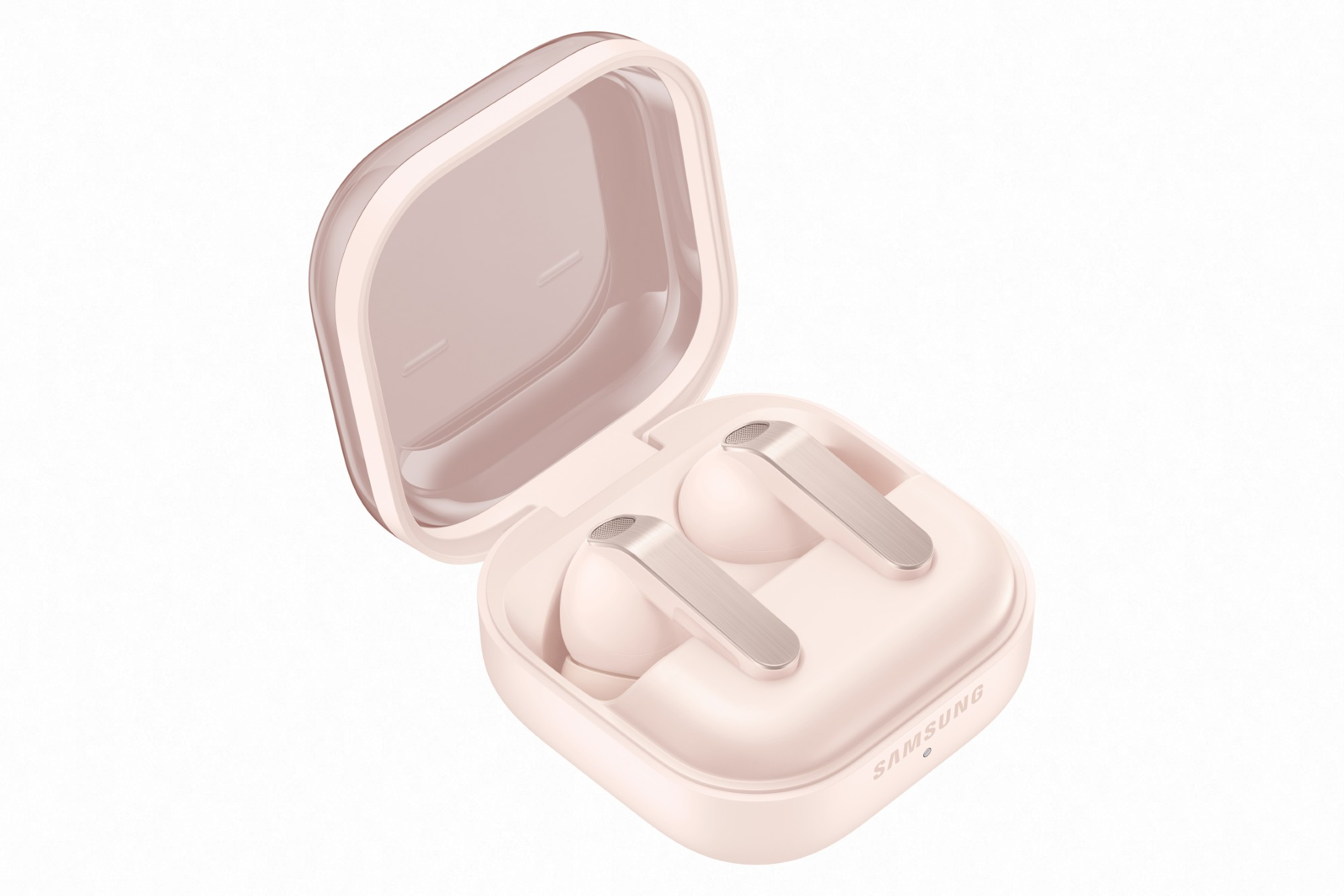 Otwarte, różowe etui zawierające dwa różowe słuchawki ze srebrnymi akcentami.