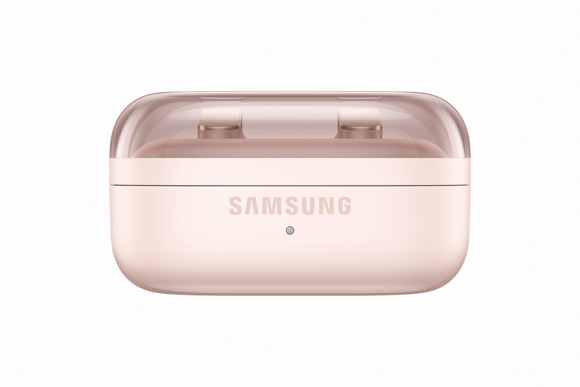 Różowa obudowa słuchawek Samsung z przezroczystą pokrywą i dwoma słuchawkami.